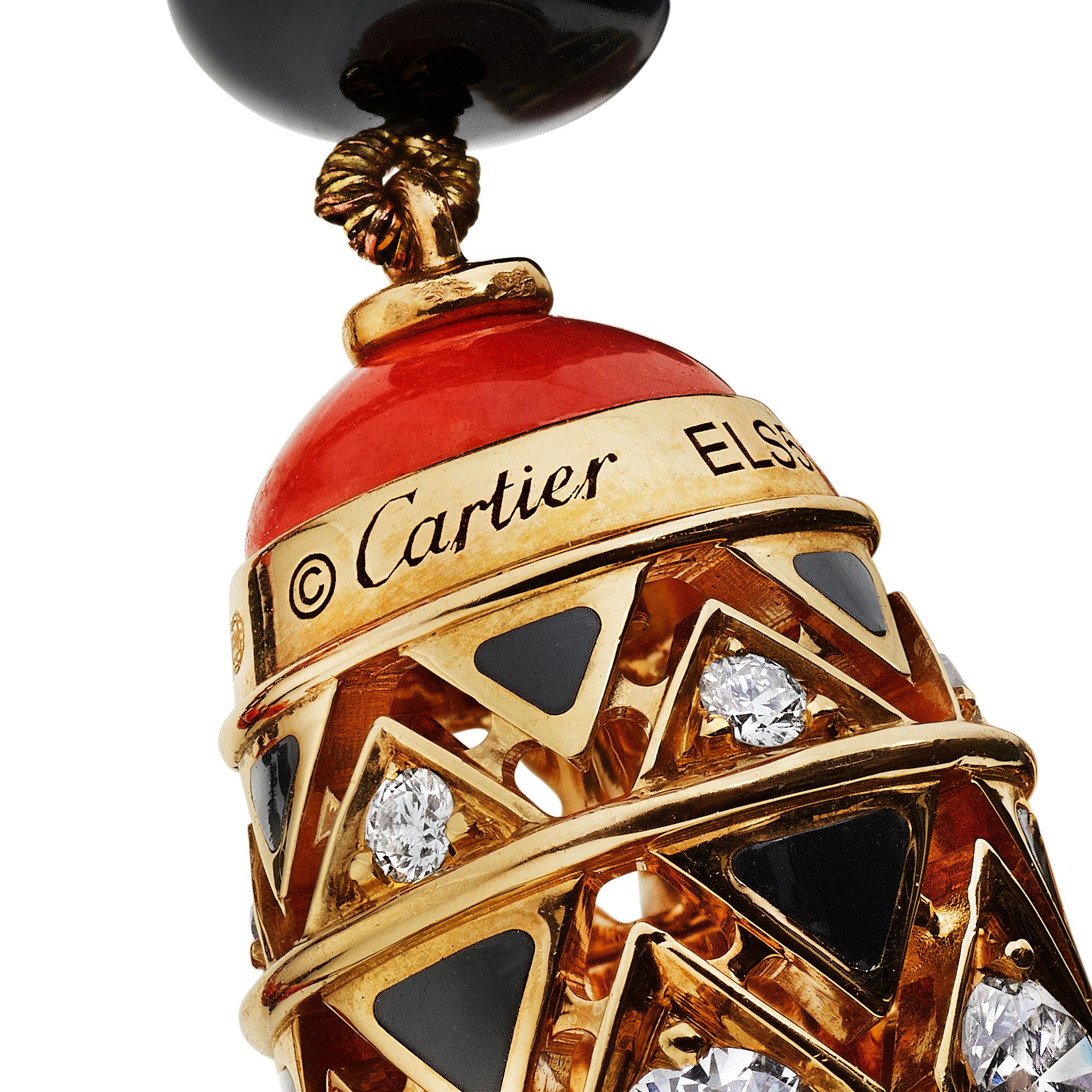 Round Cut Cartier Paris Diamond Onyx Coral Gold Long Bead Necklace For Sale