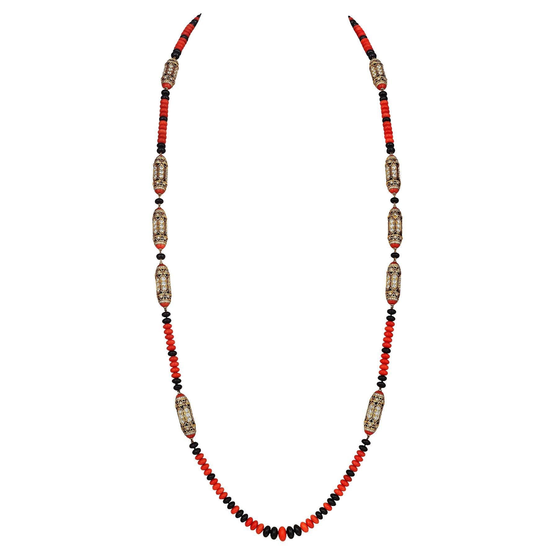 Cartier Paris Diamond Onyx Coral Gold Long Bead Necklace For Sale