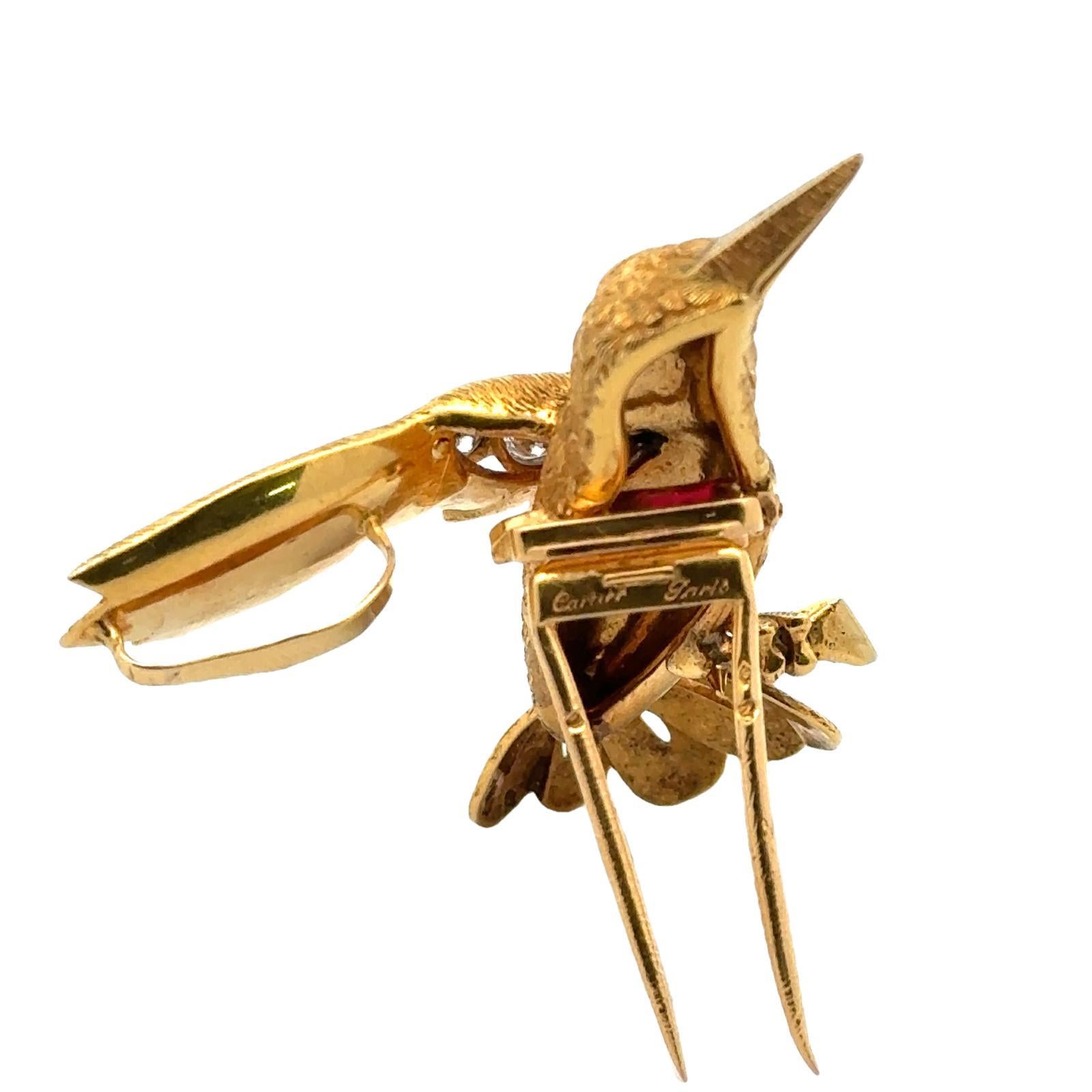 Modern Cartier Paris Diamond Ruby 18 Karat Yellow Gold Hummingbird Brooch Pendant