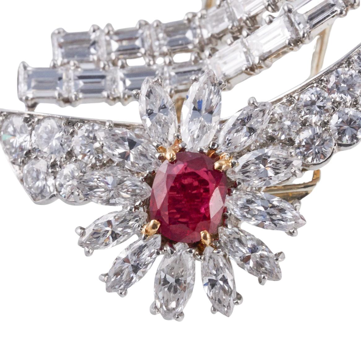 Cartier Paris Diamond Ruby Platinum Brooch In Excellent Condition In New York, NY