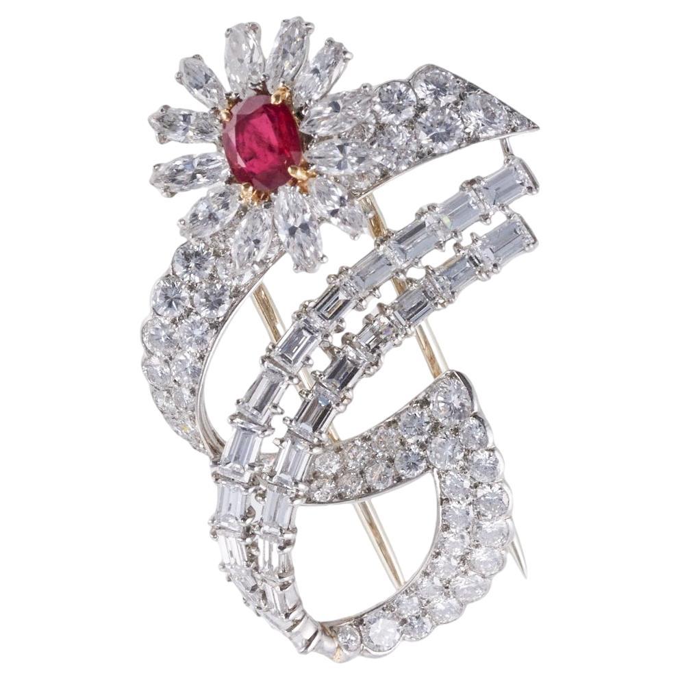 Cartier Paris Diamond Ruby Platinum Brooch