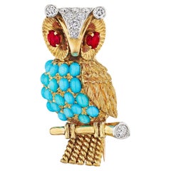 Cartier Paris Diamond Ruby Turquoise Gold Platinum Vintage Owl Brooch