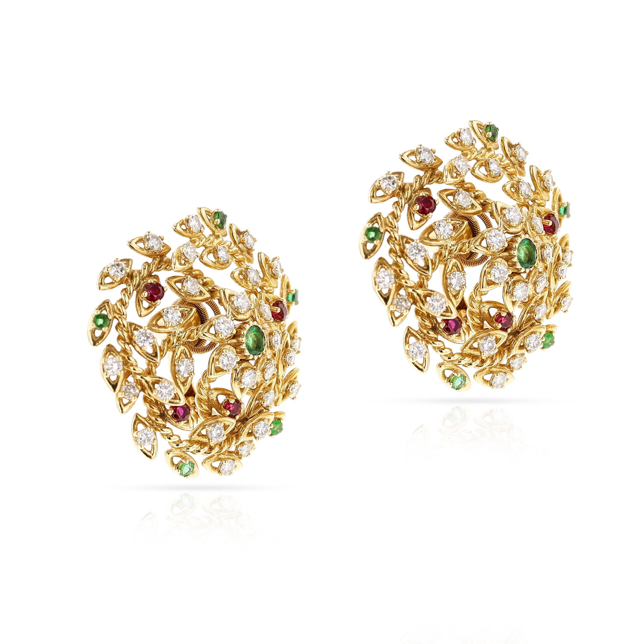 Cartier Paris Diamant-, Smaragd- und Rubin-Ohrringe, 18k  (Rundschliff) im Angebot