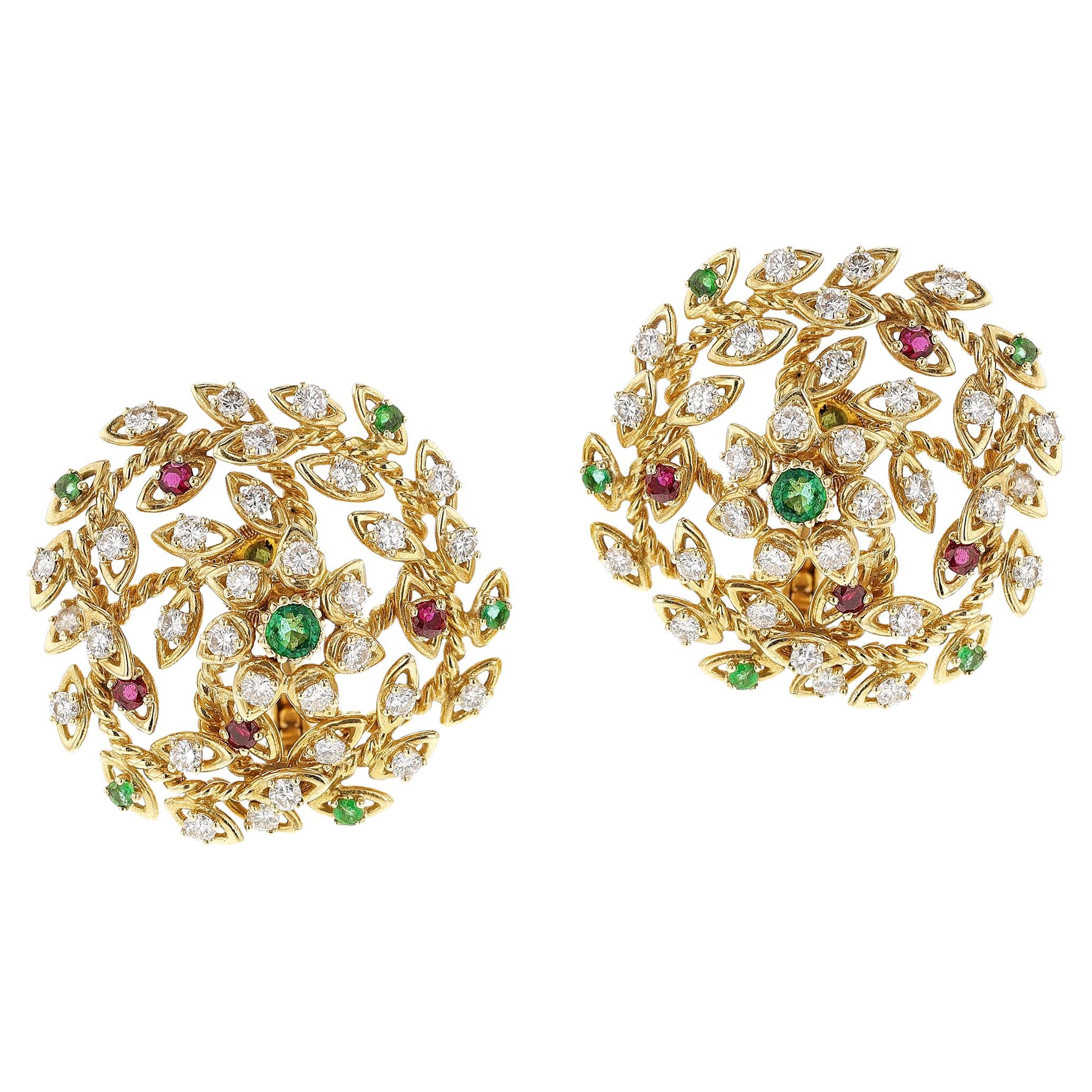Cartier Paris Diamond, Emerald, Ruby Earrings, 18k  For Sale
