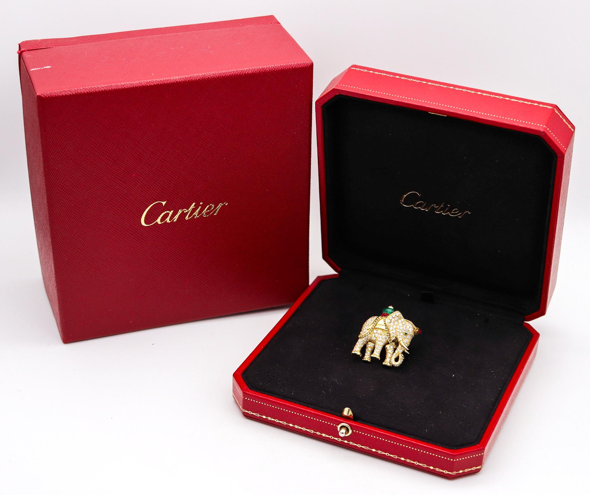 Mughal elephant brooch designed by Cartier.

Fabulous and very rare elephant brooch, created in Paris France by the jewelry house of Cartier. This gorgeous piece has been made in a very limited edition and is related to the art deco Mughal