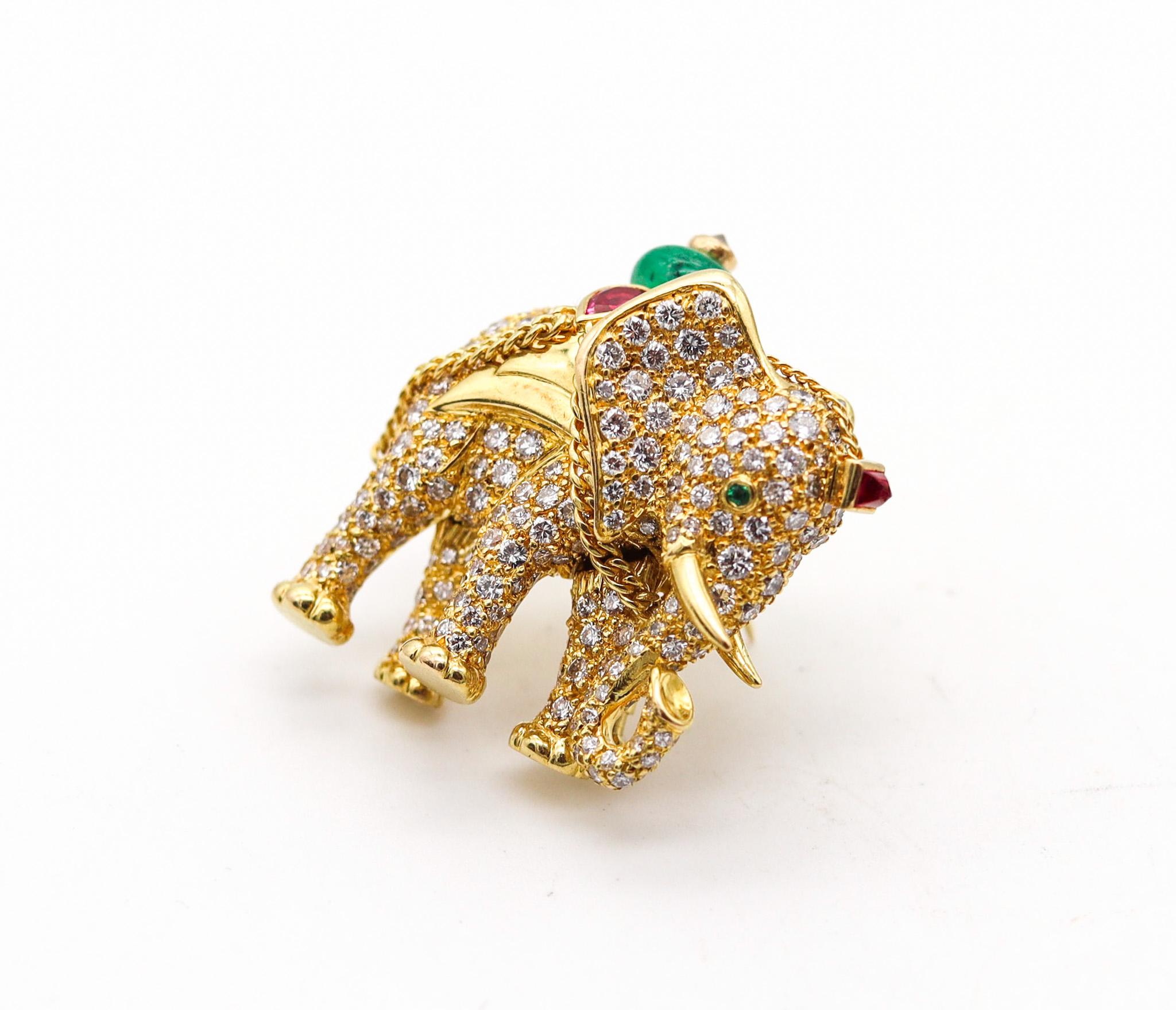 Modernist Cartier Paris Elephant Brooch 18Kt Gold With 5.24 Ctw Diamonds Emeralds & Rubies For Sale