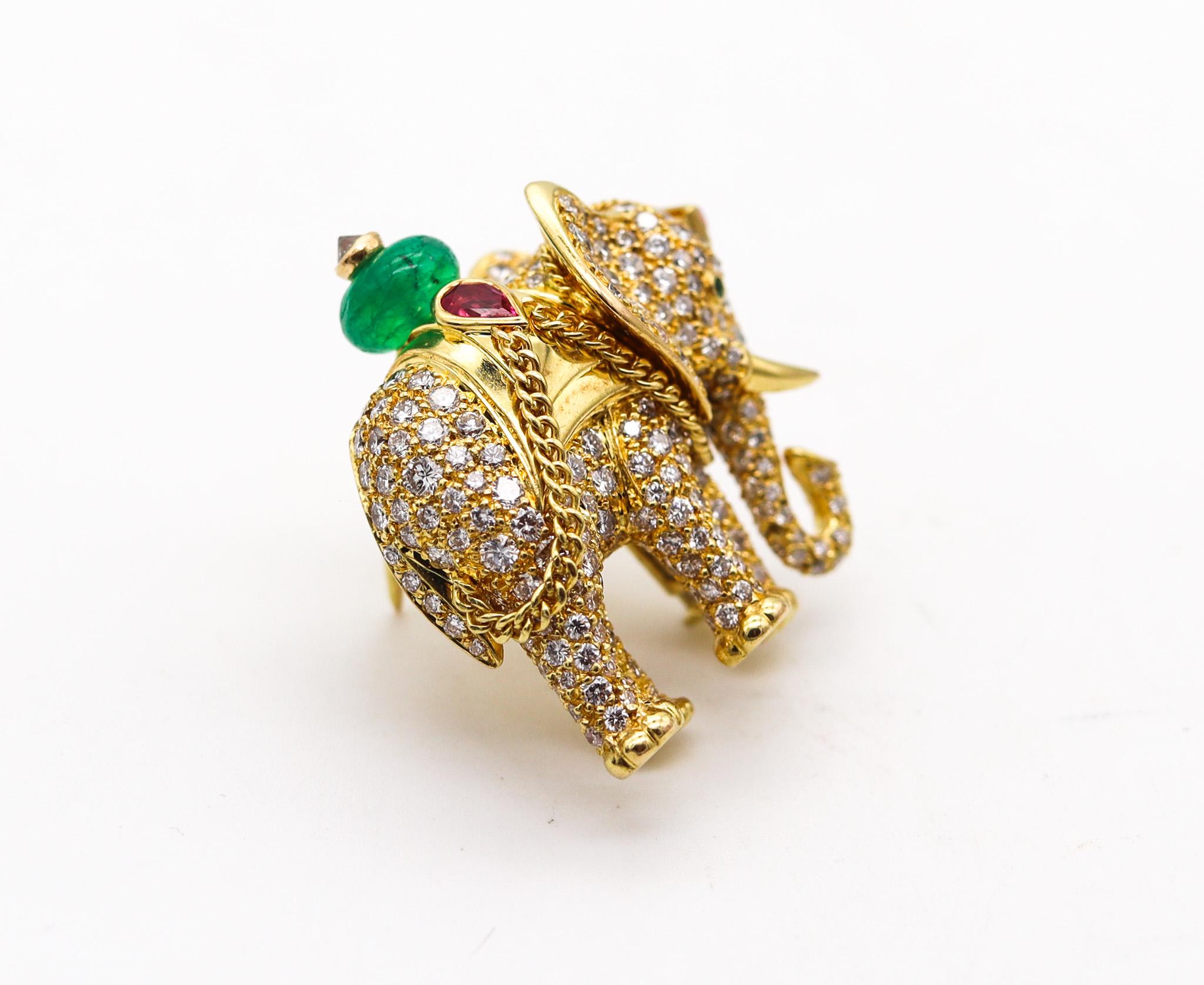 Mixed Cut Cartier Paris Elephant Brooch 18Kt Gold With 5.24 Ctw Diamonds Emeralds & Rubies For Sale