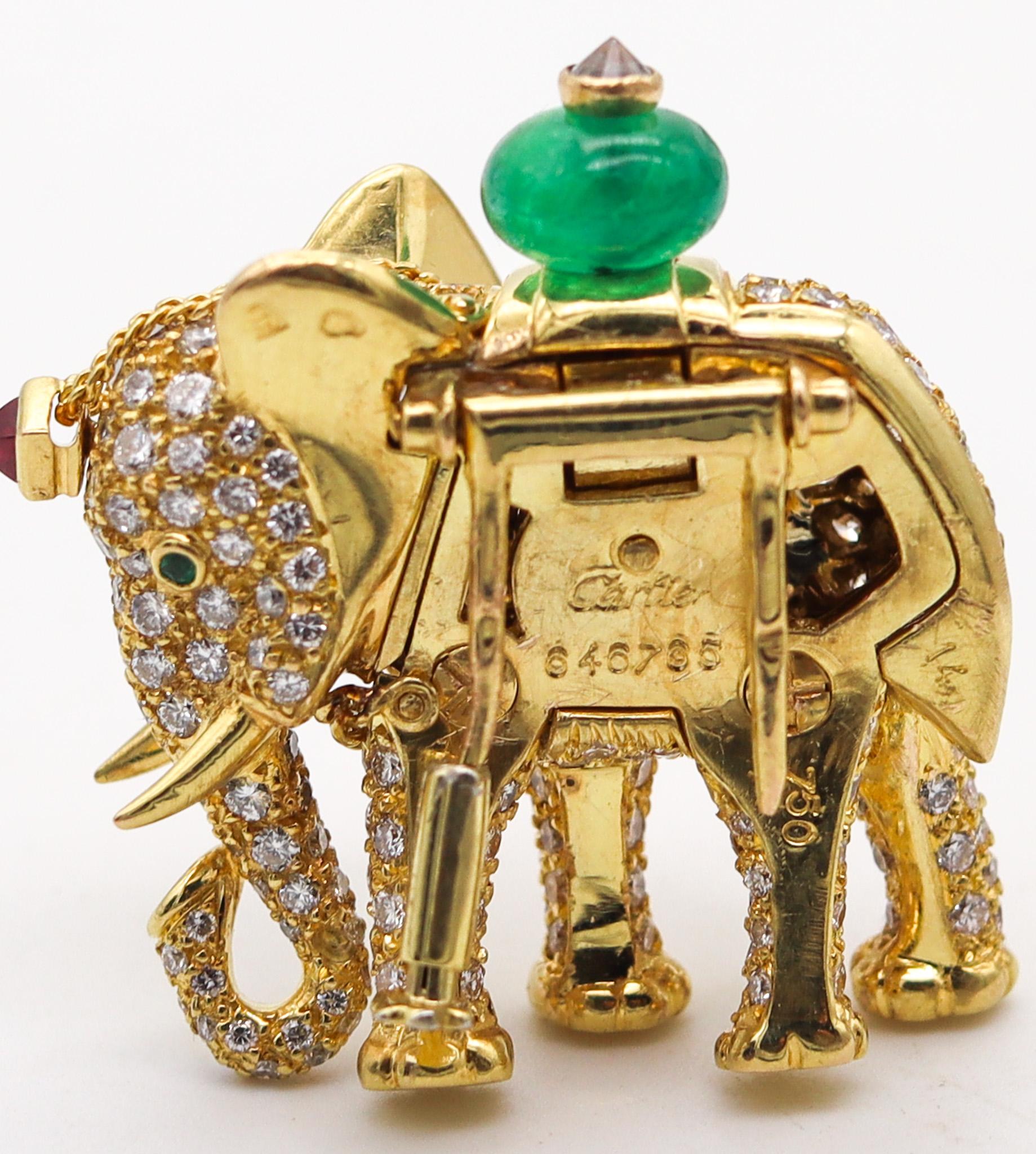 Women's or Men's Cartier Paris Elephant Brooch 18Kt Gold With 5.24 Ctw Diamonds Emeralds & Rubies For Sale