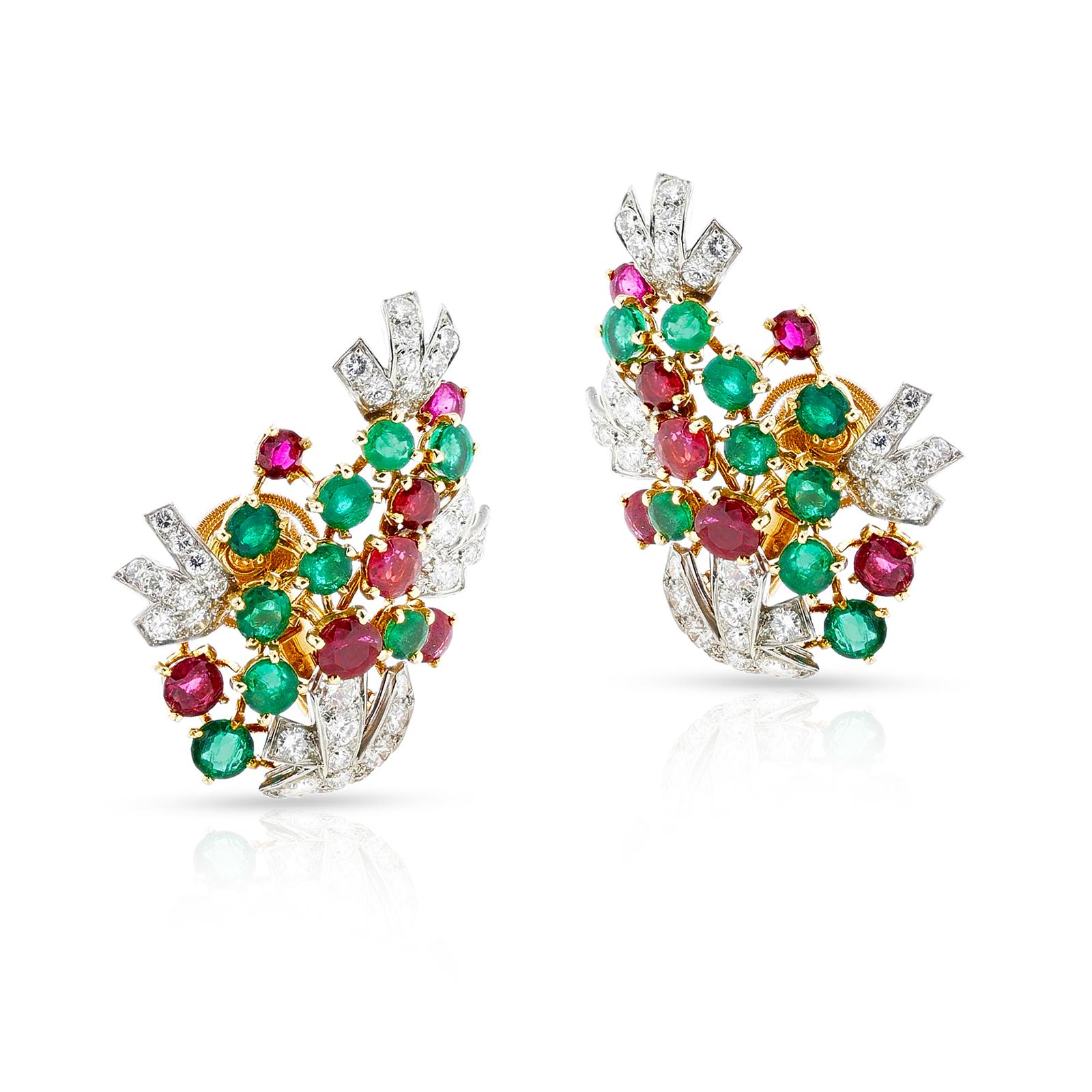 Round Cut Cartier Paris Emerald Ruby and Diamond Platinum and Yellow Gold Earrings For Sale