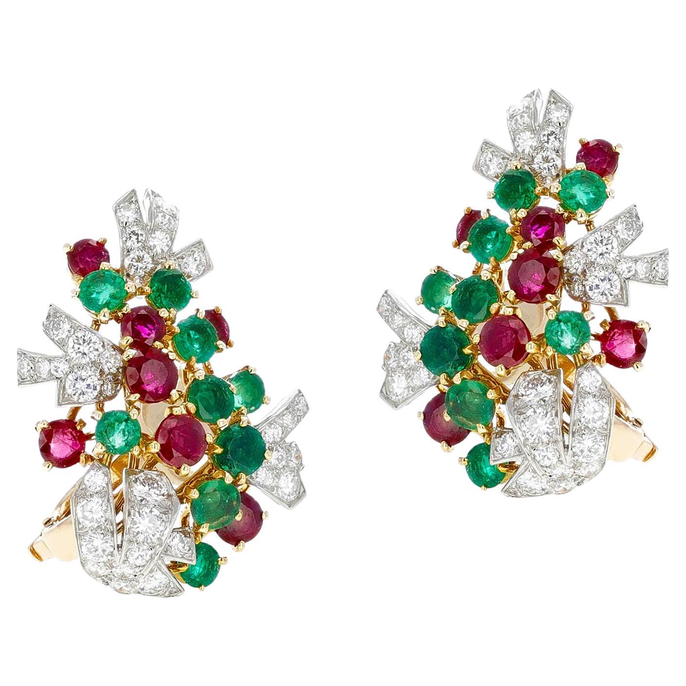 Cartier Paris Emerald Ruby and Diamond Platinum and Yellow Gold Earrings For Sale