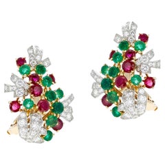 Cartier Paris Emerald Ruby and Diamond Platinum and Yellow Gold Earrings