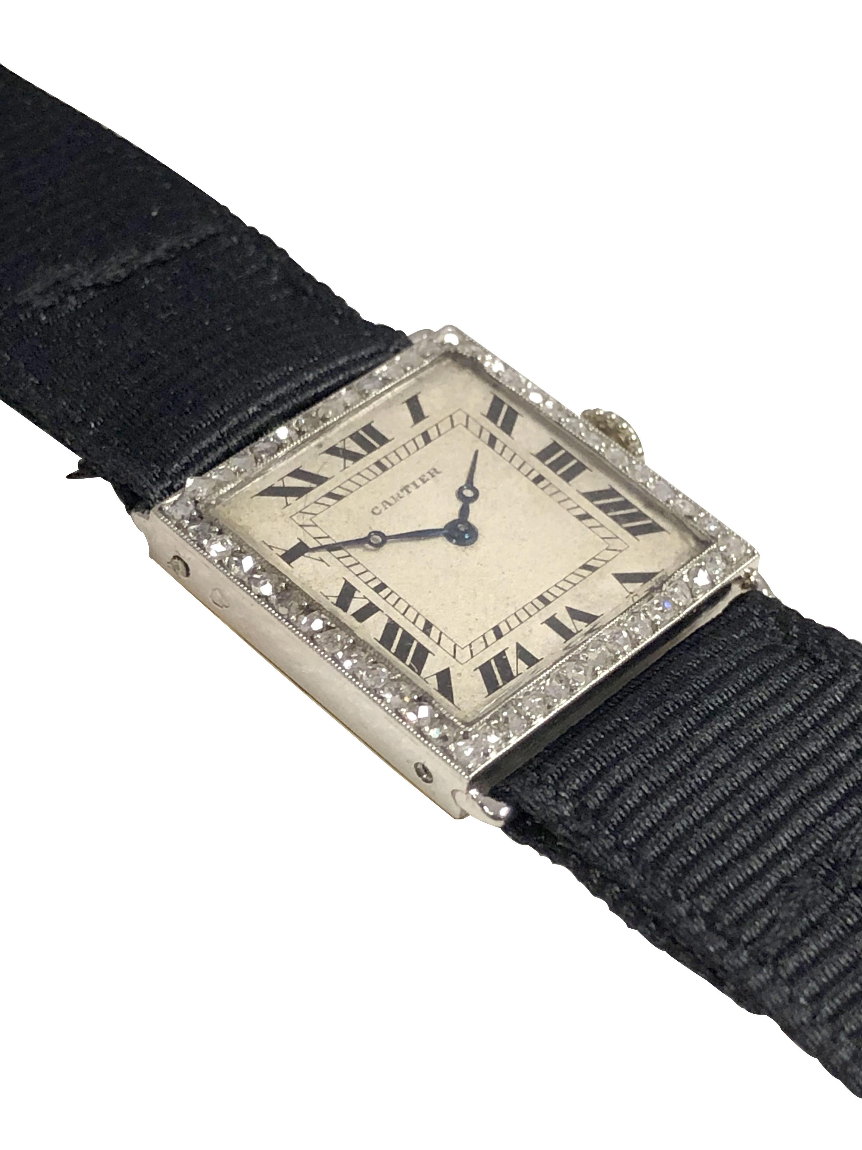 Circa 1920s Cartier Ladies Wrist Watch, 20 X 20 MM French Stamped and numbered Platinum Case with 18K Yellow Gold back, Rose cut Diamonds set Bezel. 18 Jewel Mechanical, Manual Wind ( EWC ) European Watch and Clock Company Movement. Original