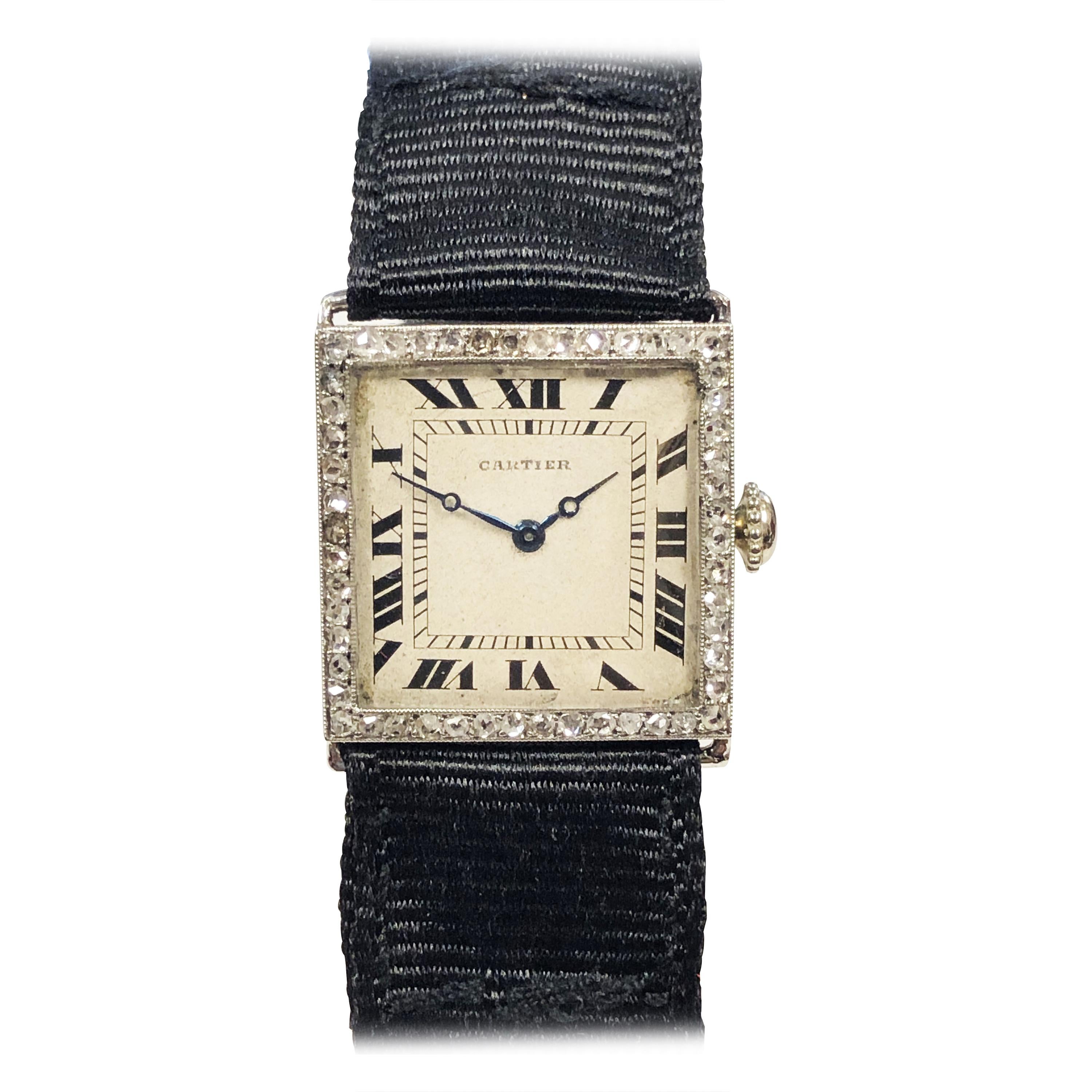 Cartier Paris EWC 1920s Platinum Diamond Ladies Mechanical Wristwatch