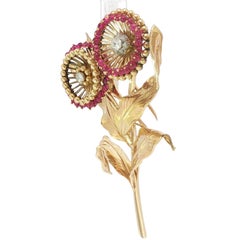 Cartier Paris Flower Brooch 18K Yellow Gold Ruby & European Cut Diamonds ~4.5ctw
