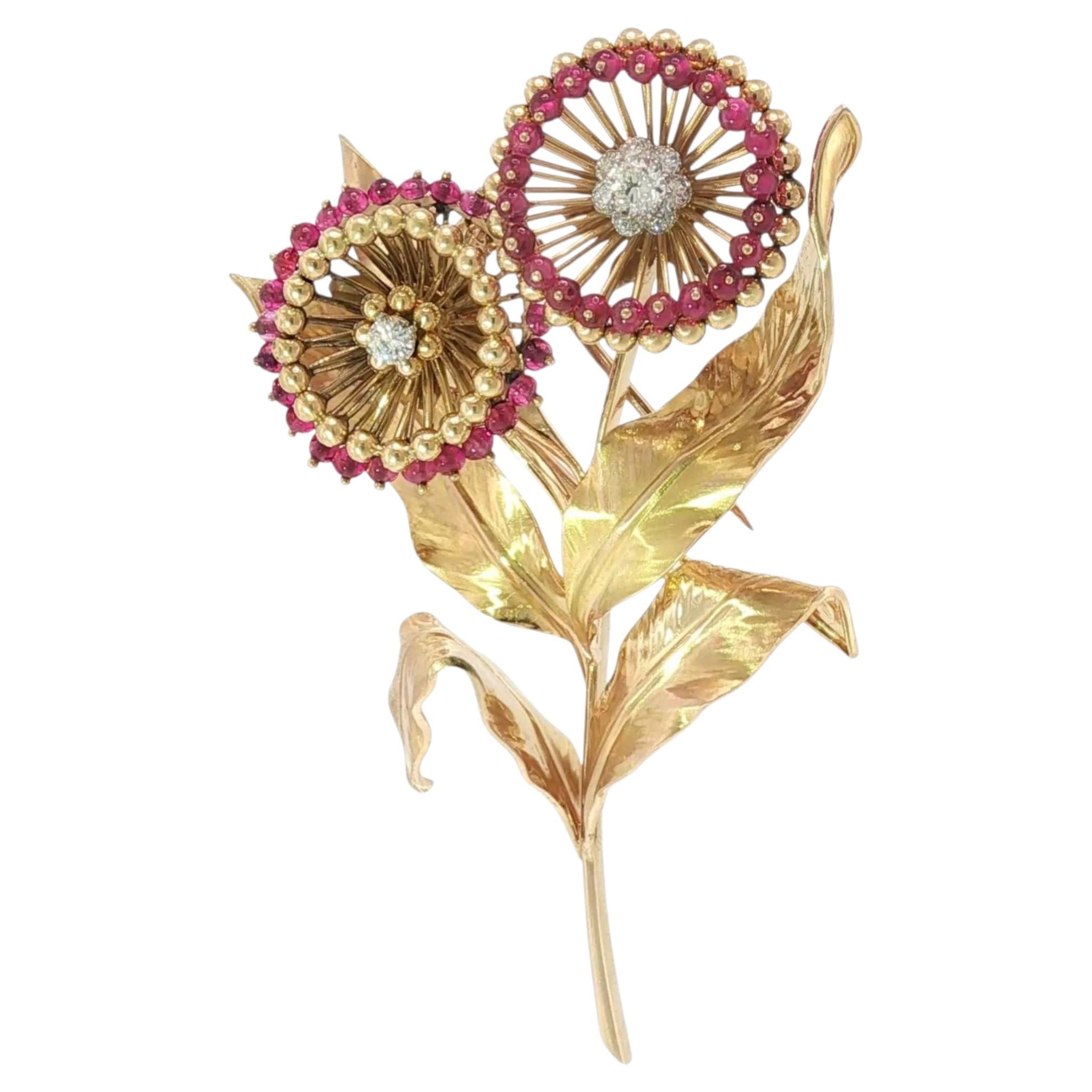 Cartier Paris Flower Brooch 18K Yellow Gold Ruby & European Cut Diamonds ~4.5ctw