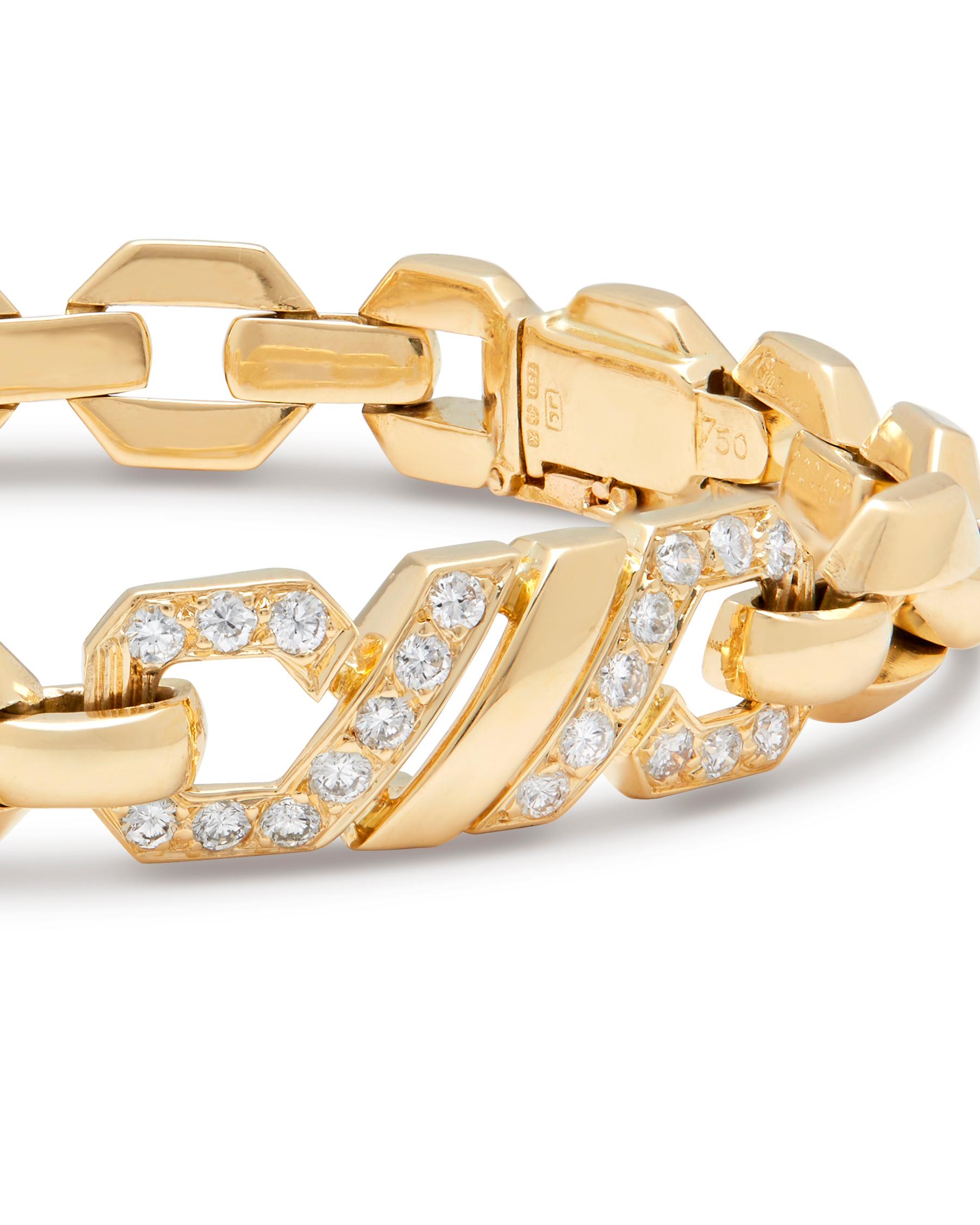 18k Yellow Gold Foxtrot Diamond Bracelet by Cartier Paris 1984 

This stylist piece never goes out of fashion, a real Cartier collectors piece for any deserving buyers.

Set with 40 round brilliant cut diamonds VVS1 clarity, E,F Colour total diamond