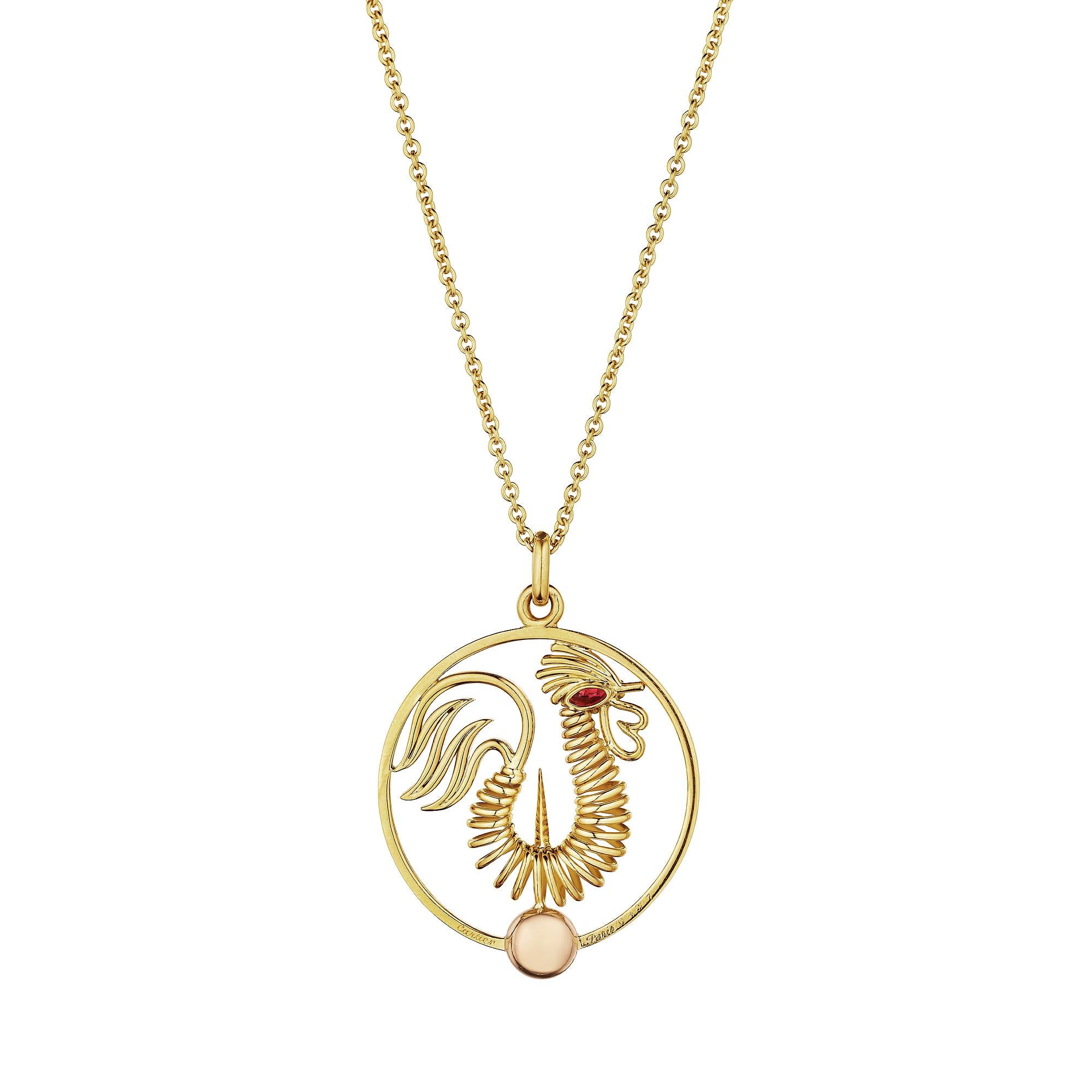 The confident rooster is known for his famous sunrise call symbolizing energy, sunshine, and optimism, and this Cartier Paris Georges L'enfant rooster pendant necklace will bring in the light.  With a piercing ruby eye and a self-assured