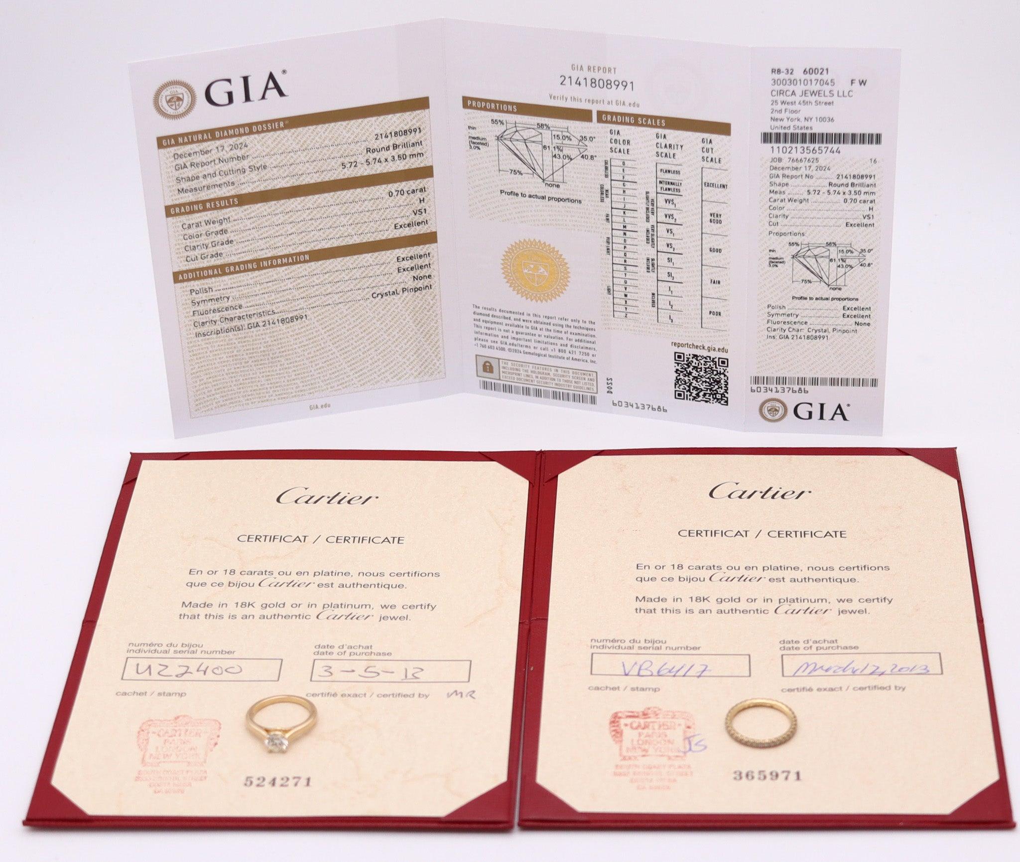 Brilliant Cut CARTIER Paris Gia Certified Rings Set In 18Kt Gold With 1.10 Cts H VS Diamonds For Sale