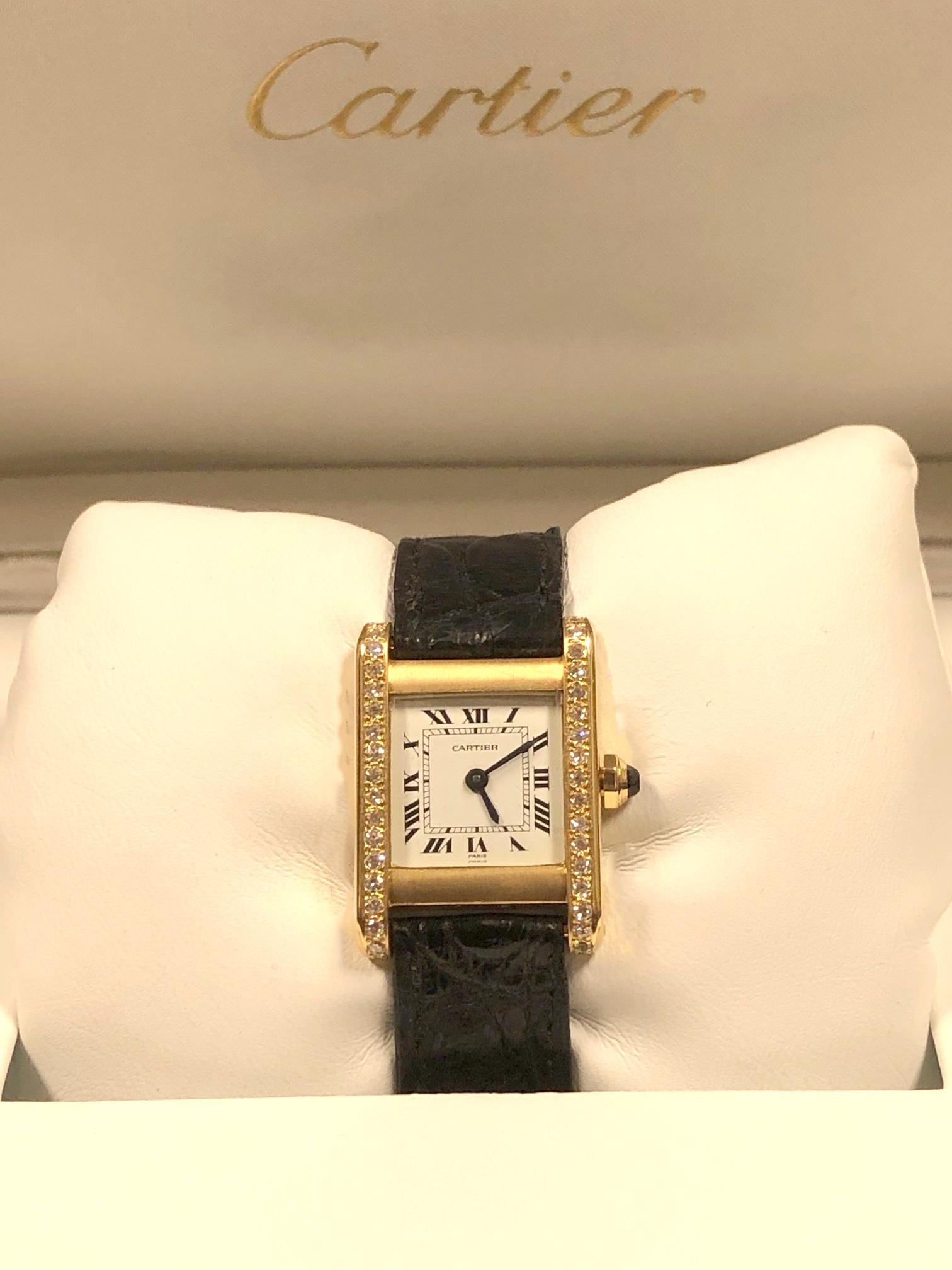 Cartier Paris Gold and Diamond Tank Ladies Mechanical Wristwatch 2