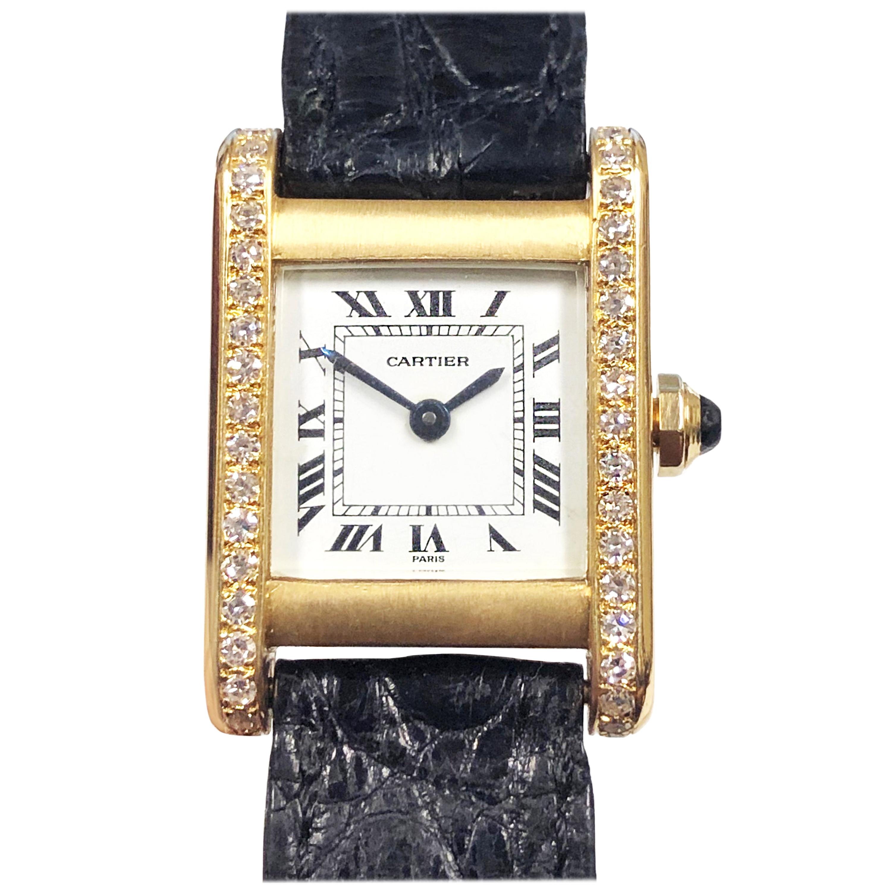 Cartier Paris Gold and Diamond Tank Ladies Mechanical Wristwatch