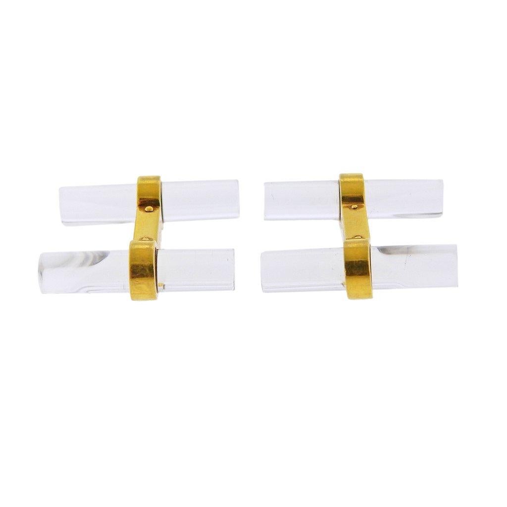 Pair of 18k gold Cartier Paris cufflinks set with crystal. Cufflink measures 23mm x 7mm. Weight is 8.6 grams. Marked Cartier, 750, BP3075, French marks. 