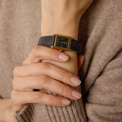 Cartier Paris gold plated with black leather strap buckle Tank watch