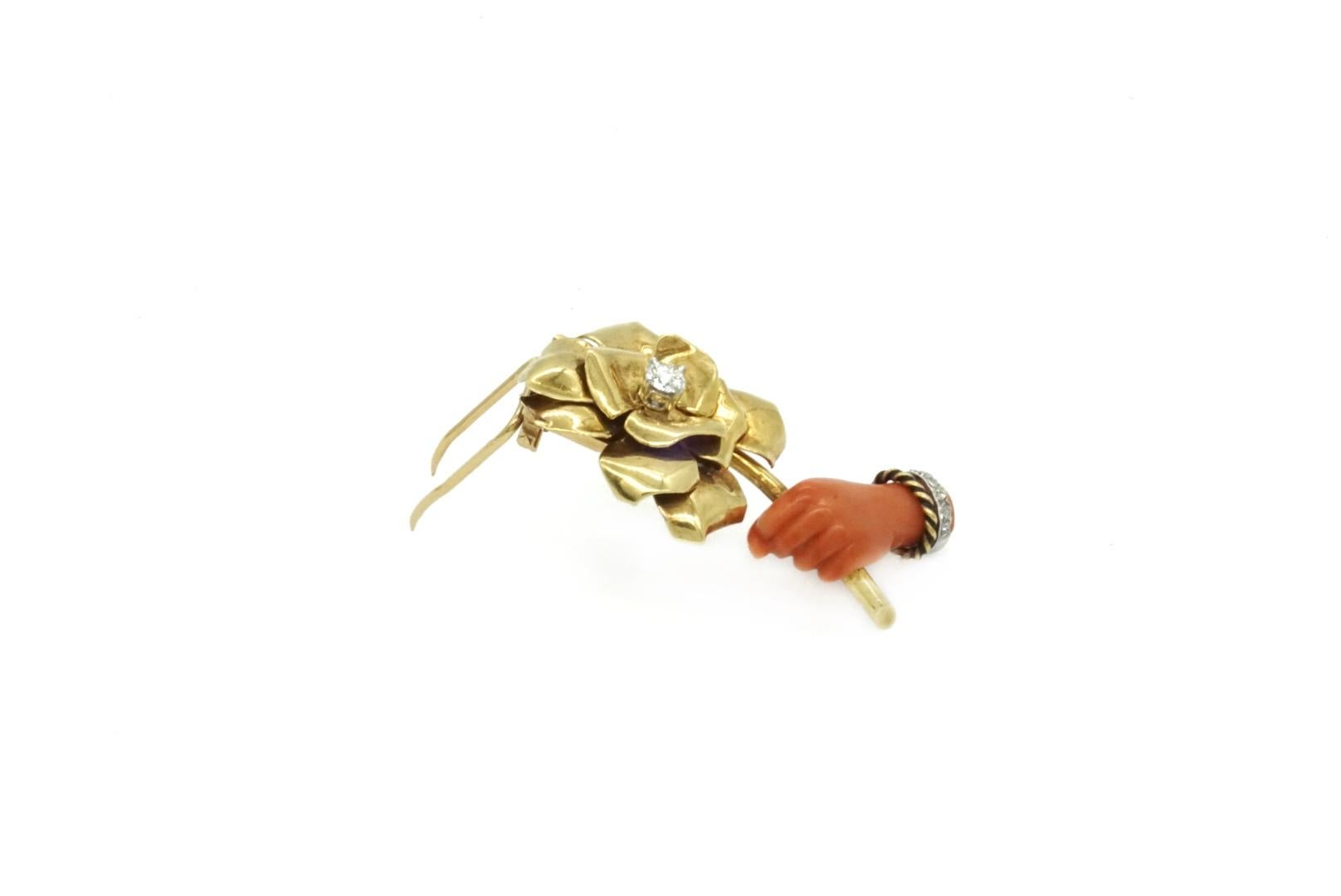 Brilliant Cut Cartier Paris Gold Platinum Carved Coral and Diamond Clip For Sale