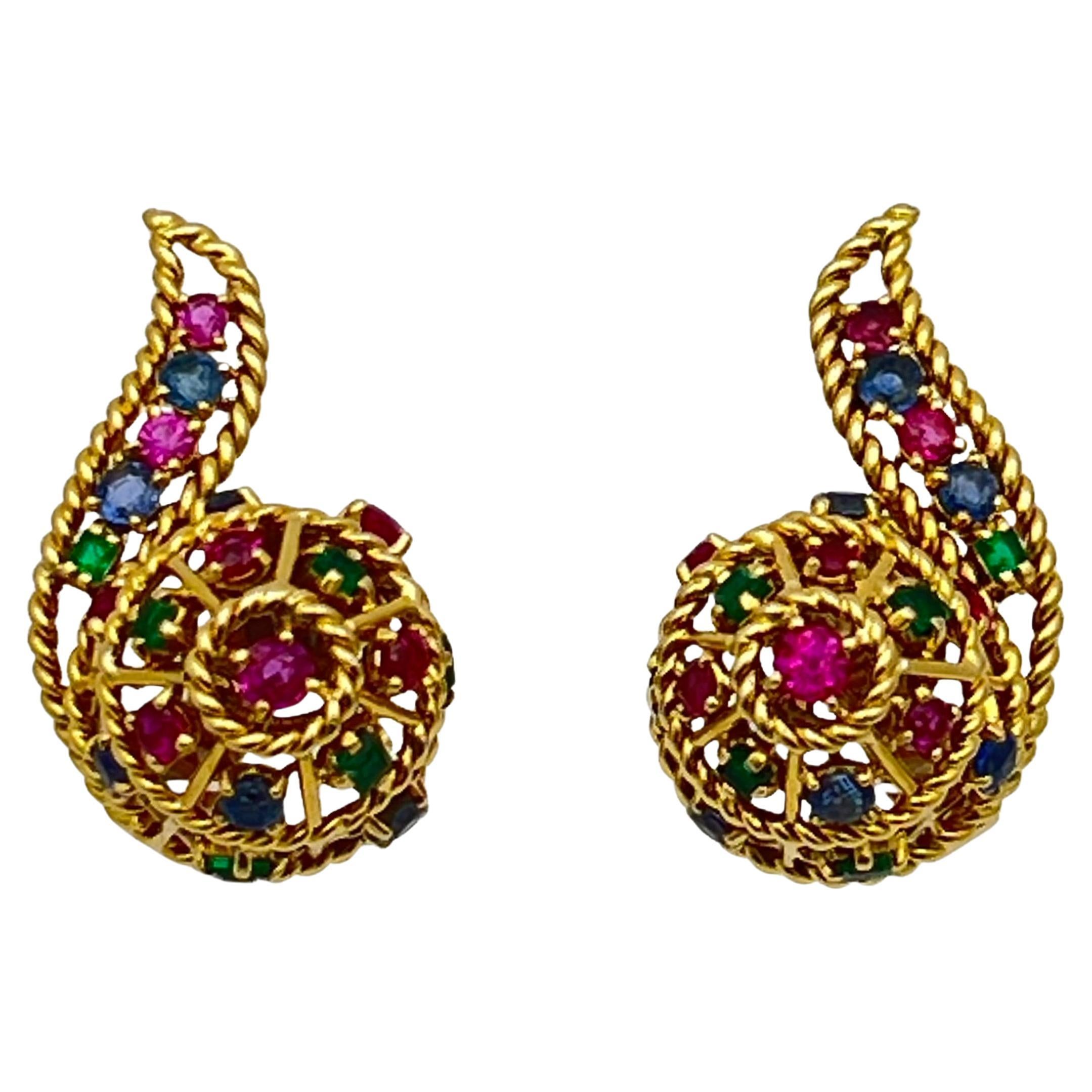 Cartier Paris Gold Ruby Emerald Sapphire Earrings