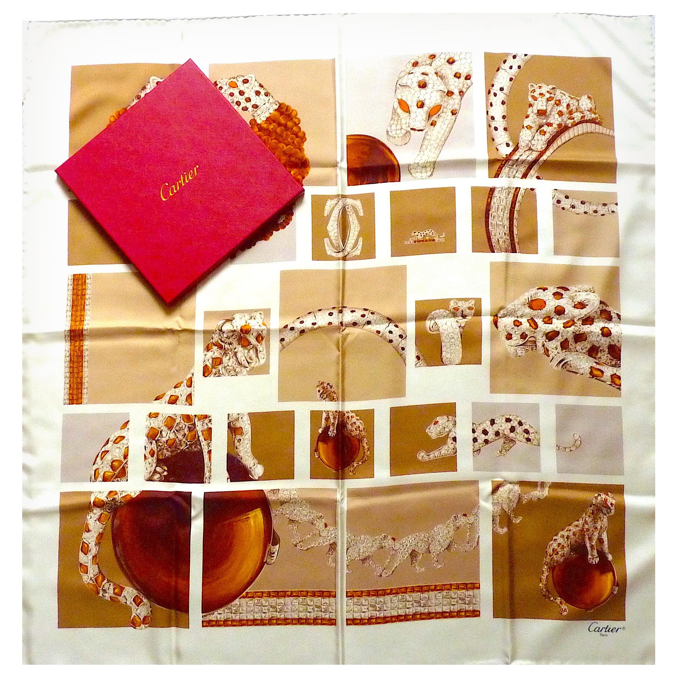 CARTIER PARIS Jeweled Panthere Silk Scarf