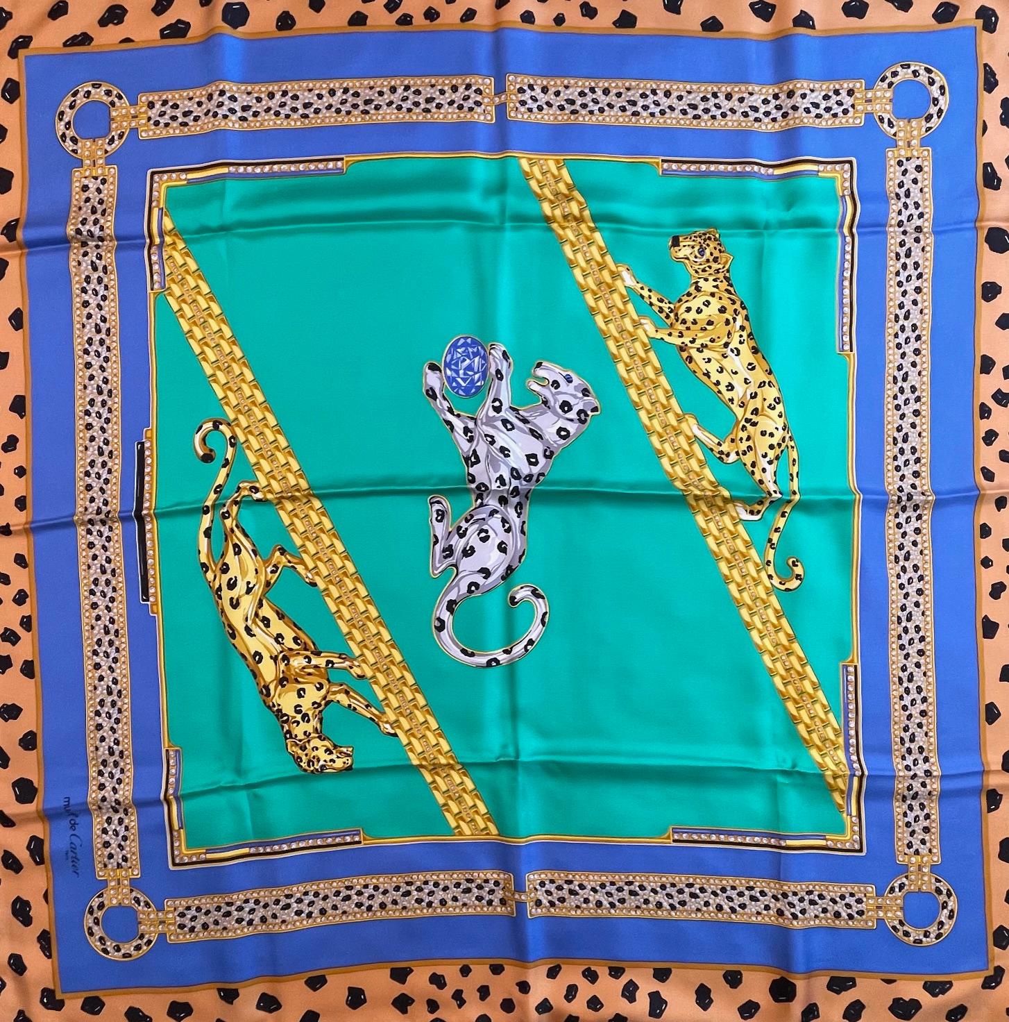 Blue CARTIER PARIS Jewelled Jaguars Silk Scarf Never Worn Condition - Boxed