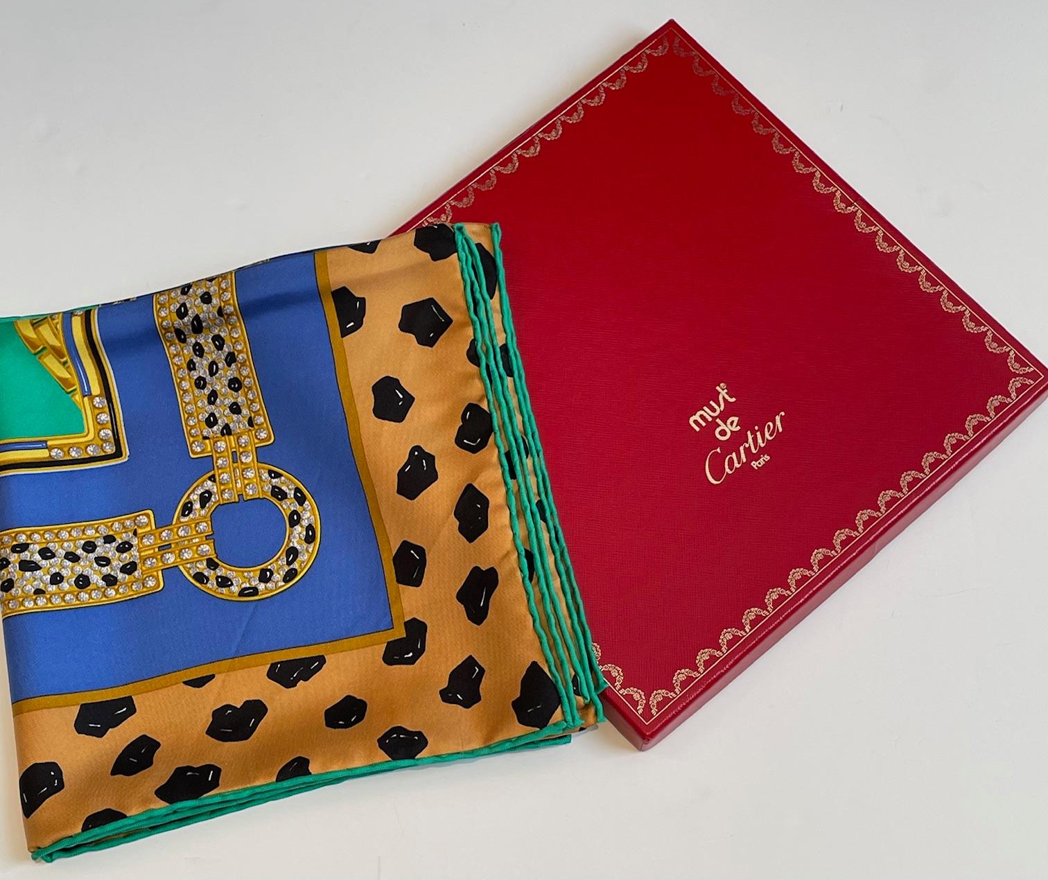 CARTIER PARIS Jewelled Jaguars Silk Scarf Never Worn Condition - Boxed 3