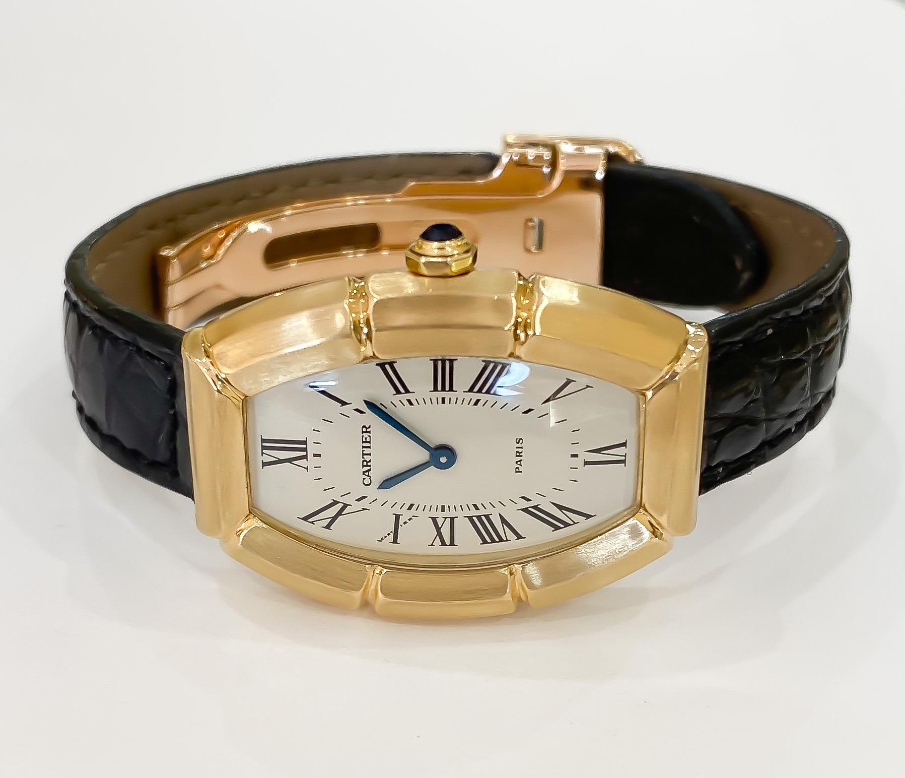 Round Cut Cartier Paris Ladies Rare Bamboo Tonneau 18 Karat Yellow Gold Watch on Strap
