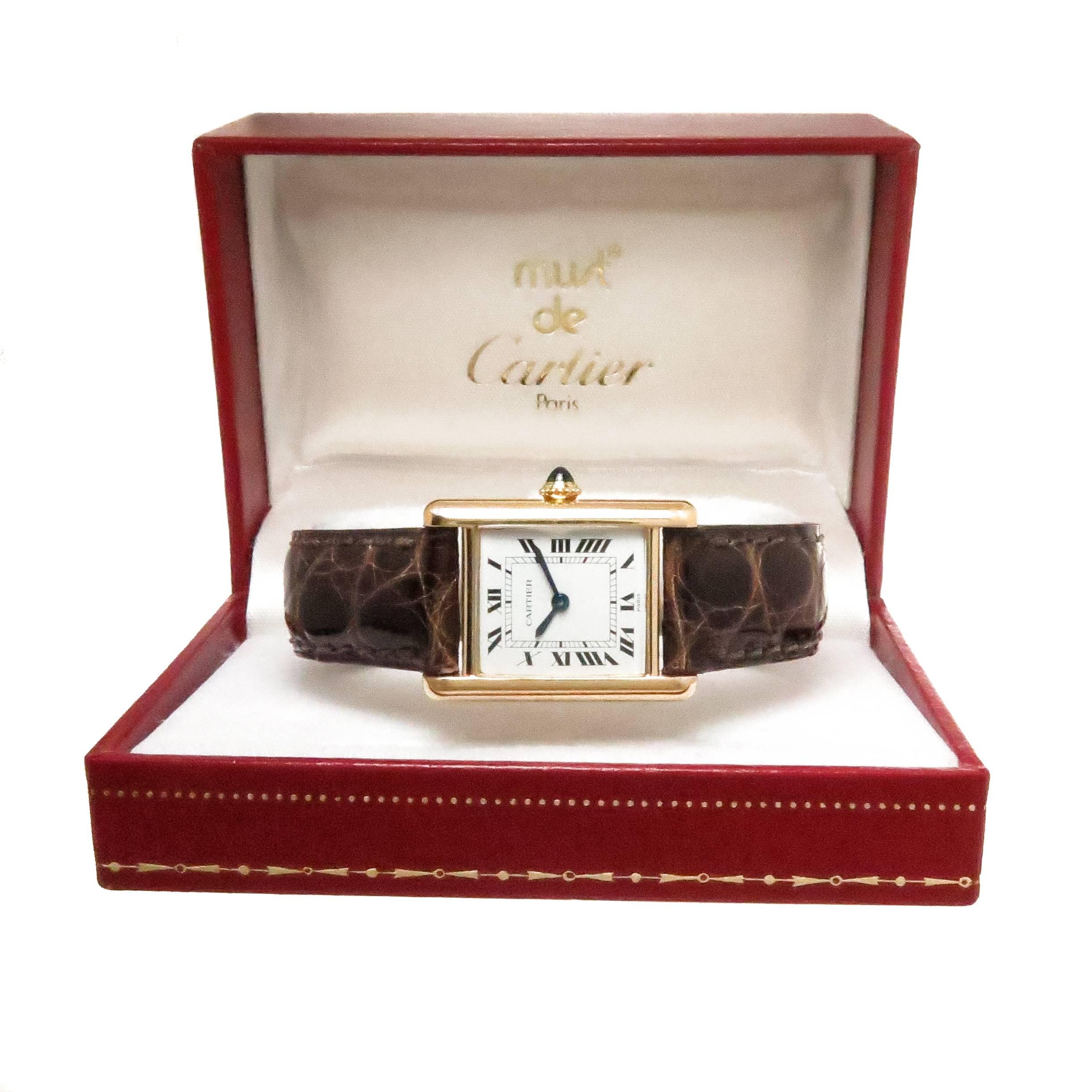 Cartier Paris Ladies Yellow Gold Tank Mechanical Wristwatch, 1980s  1