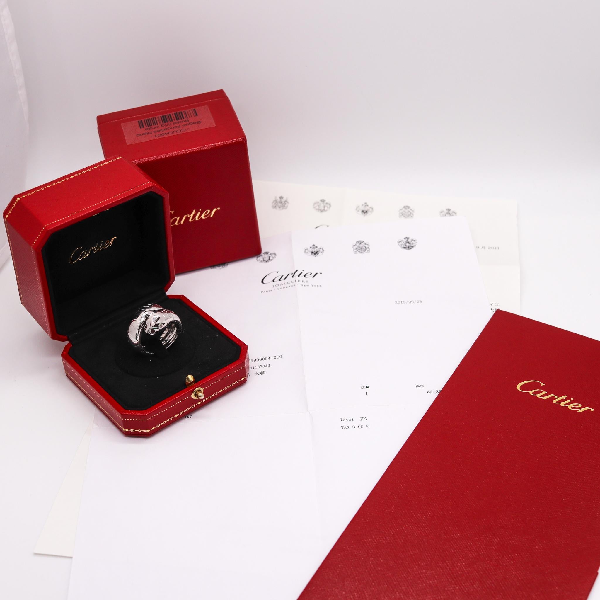 Cartier Paris Lakarda Panther Ring in 18Kt White Gold with Emeralds and Jade For Sale 1