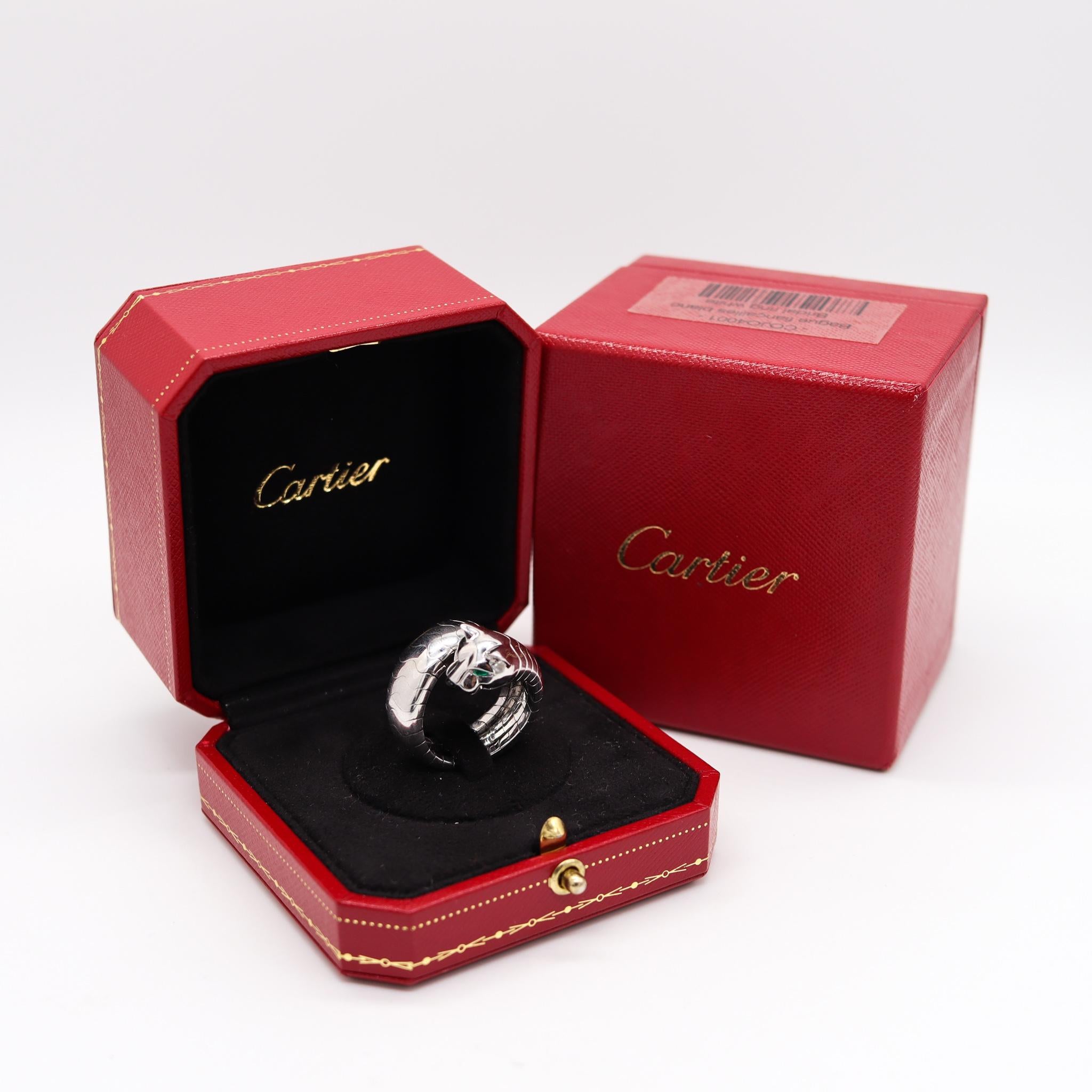 Lakarda panther ring designed by Cartier.

Beautiful and exotic ring, created in Paris France by the jewelry house of Cartier. This is the bold panther model named Lakarda, crafted in solid white gold of 18 karats with high polished finish.

The