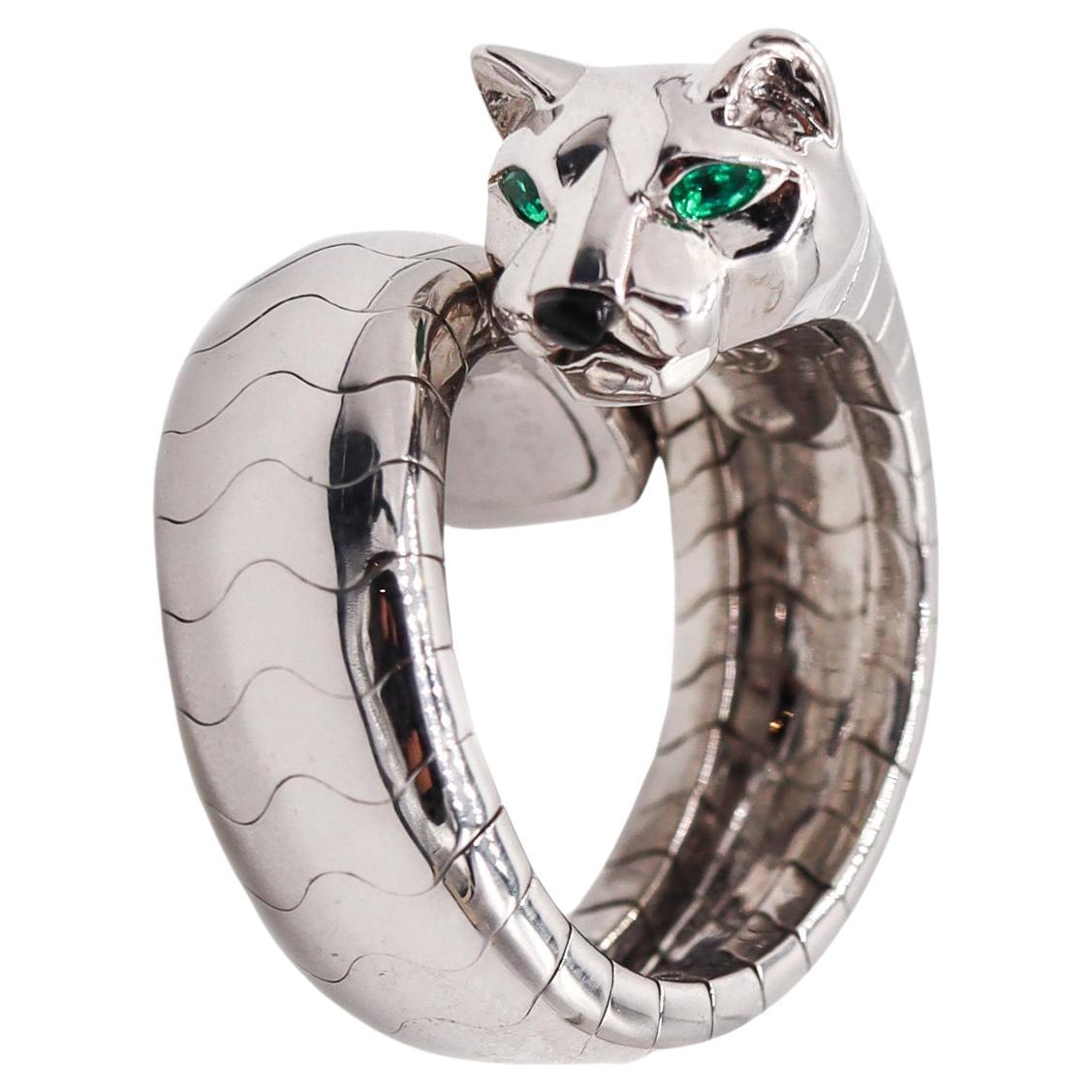 Cartier Paris Lakarda Panther Ring in 18Kt White Gold with Emeralds and Jade For Sale