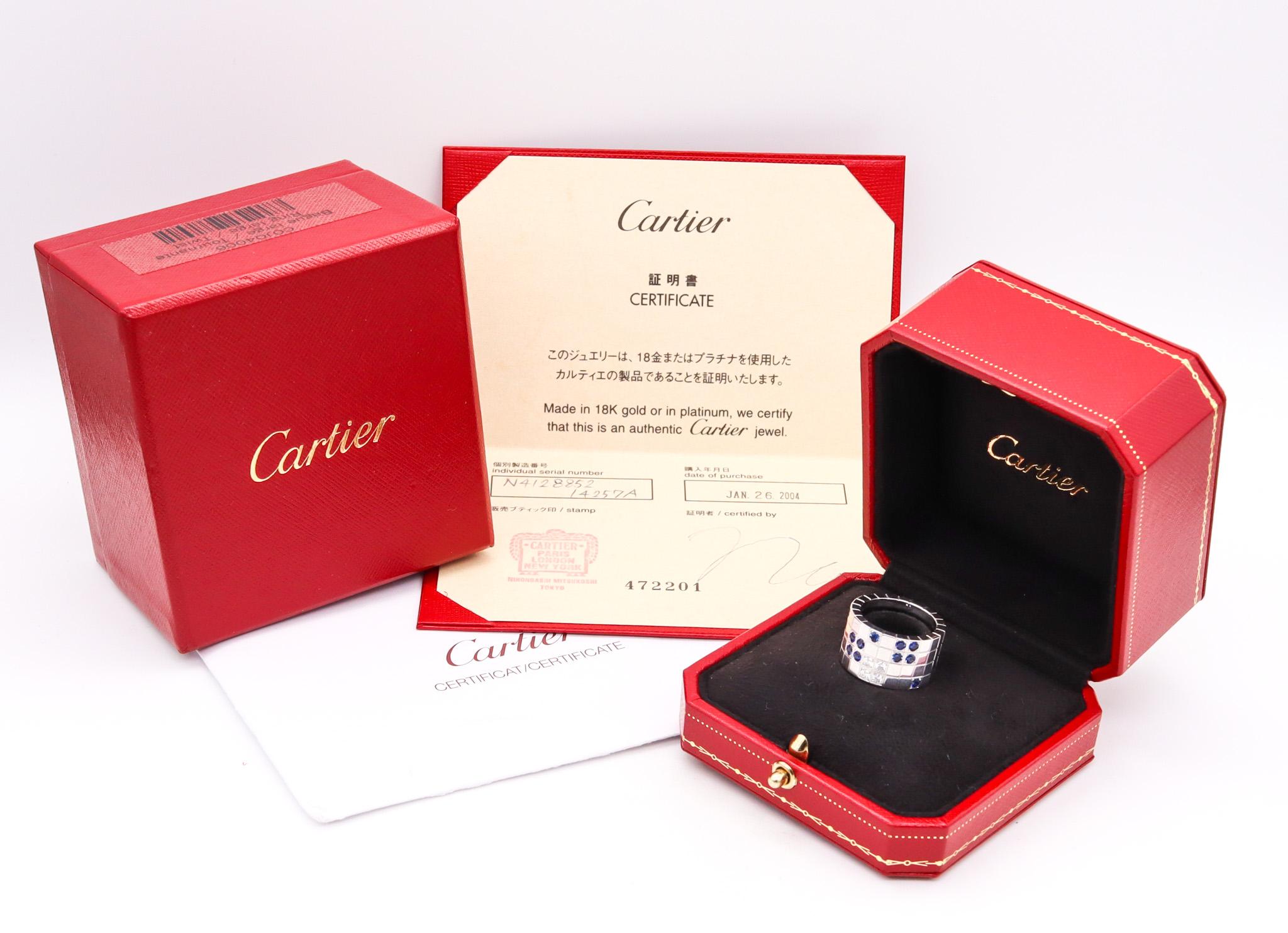 Lanieres ring designed by Cartier.

An iconic bold ring, created by the jewelry house of Cartier. This elusive ring is part of the Lanieres collection and was crafted in a bold geometric pattern in solid white gold of 18 karats with high polished