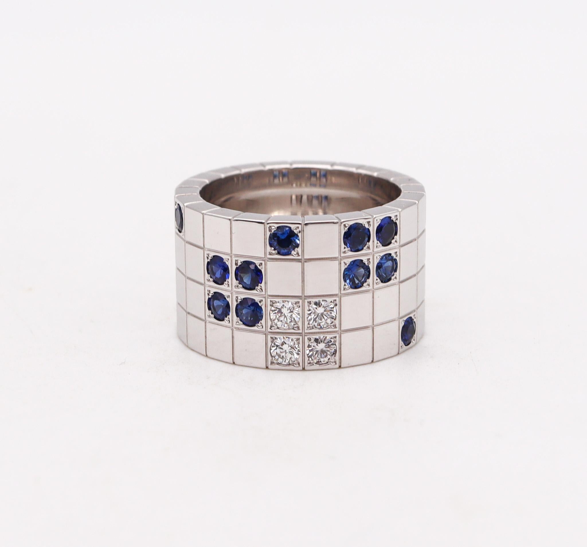 Modernist Cartier Paris Lanieres Ring 18 Kt White Gold with 1.05 Ctw Diamonds & Sapphires