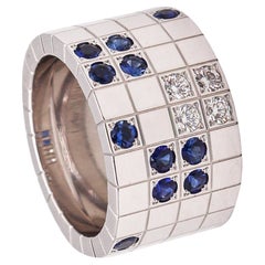 Cartier Paris Lanieres Ring 18 Kt White Gold with 1.05 Ctw Diamonds & Sapphires
