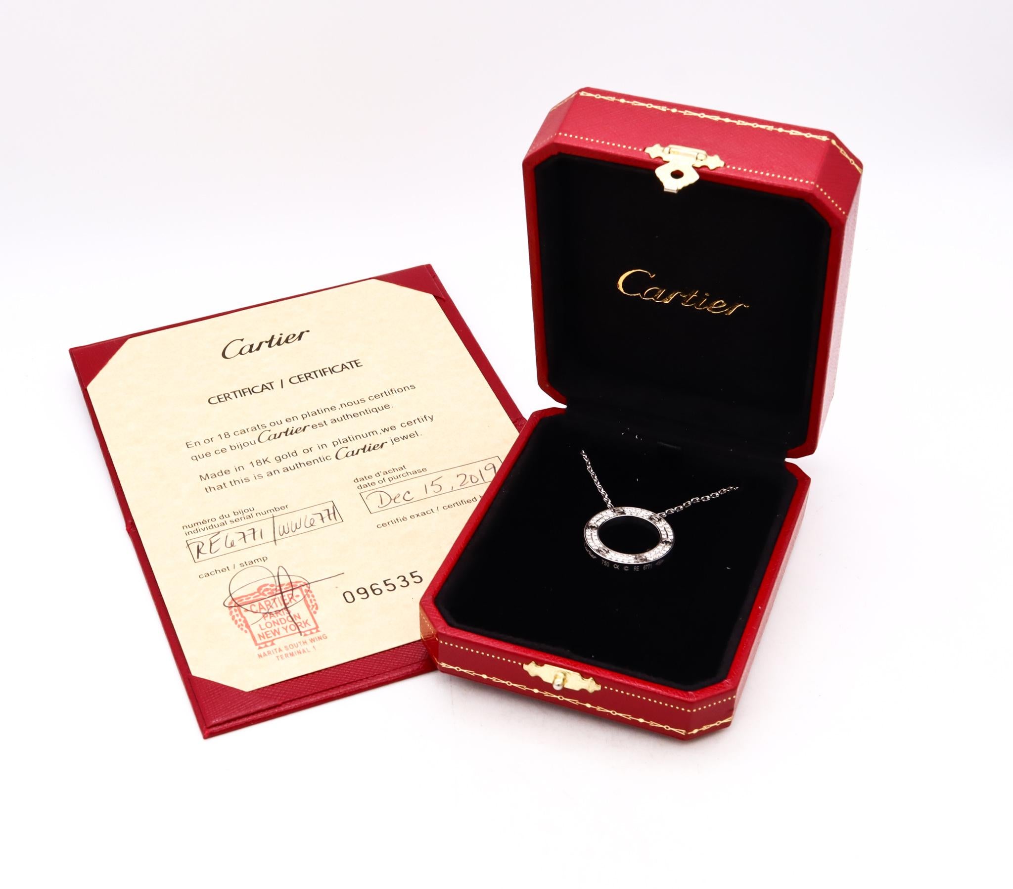 Love necklace with diamonds designed by Cartier.

A modern contemporary creation, part of the Maison collection. Love De Cartier. This round love amulet, was carefully crafted in solid 18 karats of high polished white gold and is suited with a chain