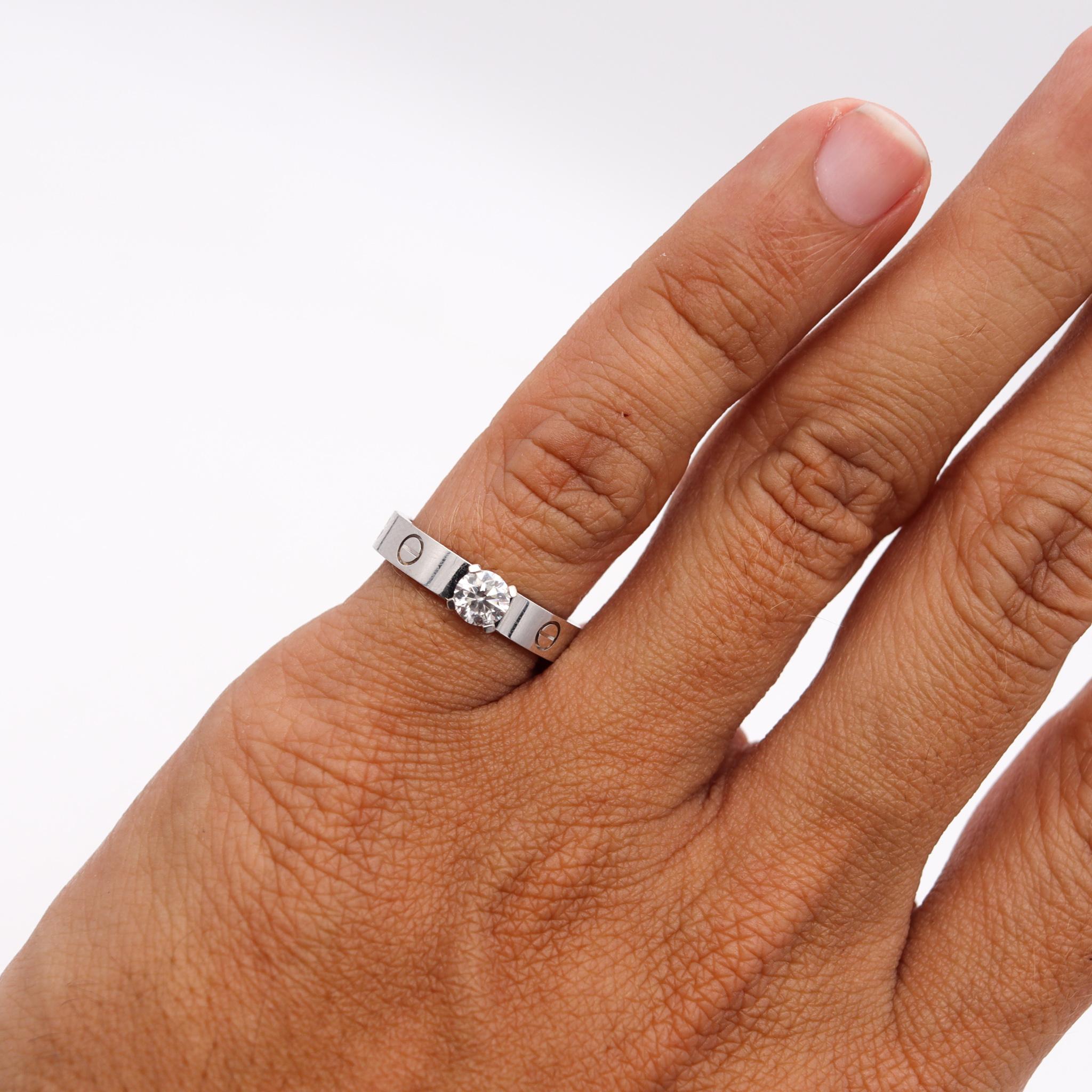 Love Engagement Ring designed by Cartier.

An elegant engagement ring, created in Paris France by the house of Cartier. This sleek piece is from the LOVE collection and has been crafted in solid white gold of 18 karats, with very high polished