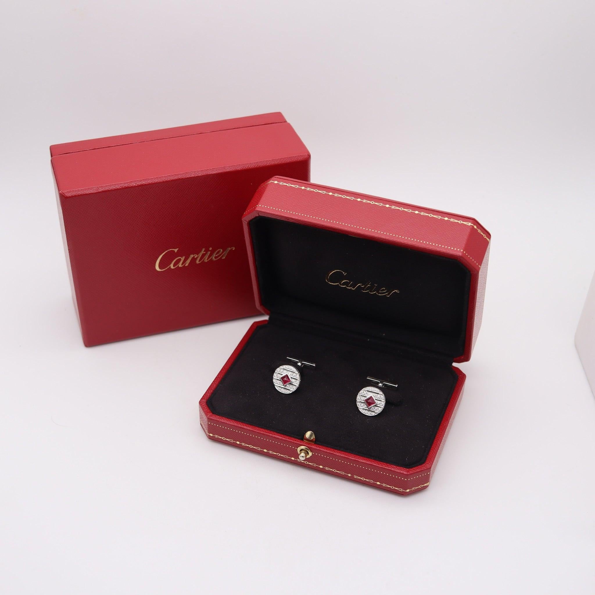 Pair of gems-set classic cufflinks designed by Cartier.

This is a fabulous pair of gems set of cufflinks, created in Paris France by the jewelry house of Cartier, back in the late 20th century. These classic cufflinks are from the Cartier Privee