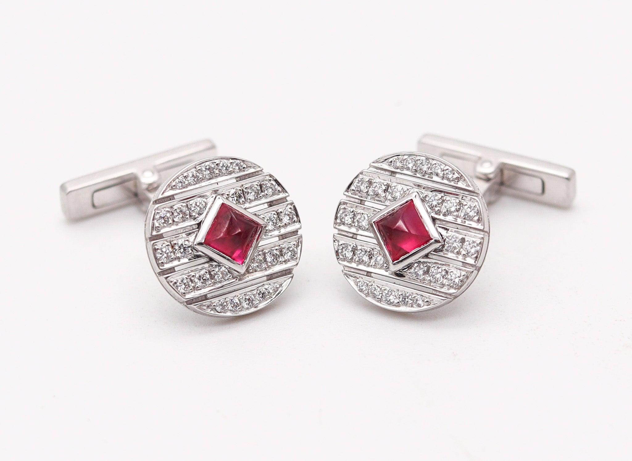 Modernist CARTIER Paris Magnificent Cufflinks In Solid 18Kt Gold Burmese Rubies & Diamonds For Sale