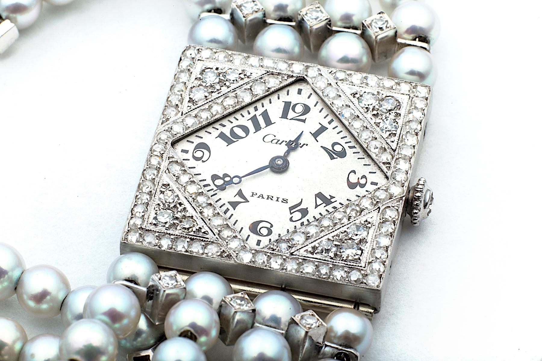 Diamonds and pearls are among the rarest things in the world and this extraordinary Art Deco, circa 1915-1920, wristwatch magically marries the two.  Owned to Mamie Eisenhower, wife of Dwight D. Eisenhower the 34th President of the US, this Cartier