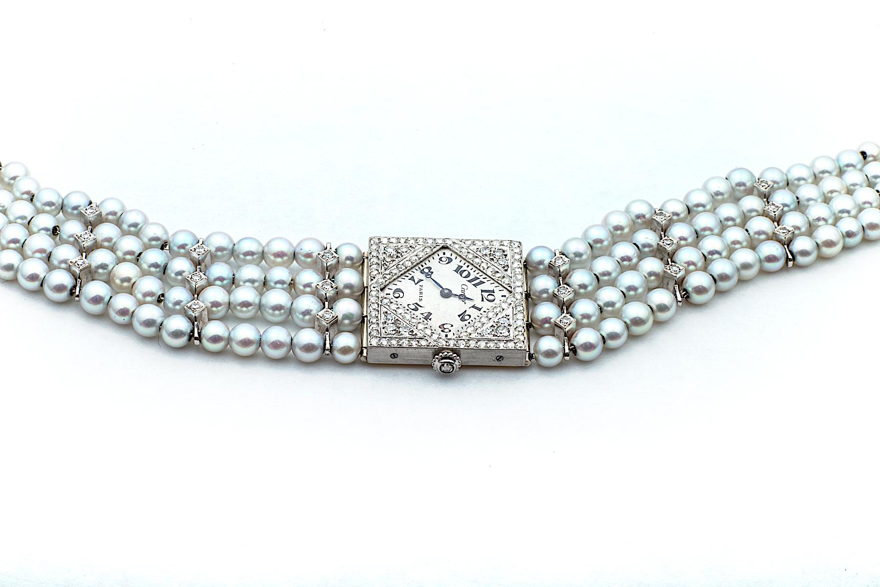 Round Cut Cartier Paris Mamie Eisenhower Diamond Pearl Platinum Gold Art Deco Wristwatch