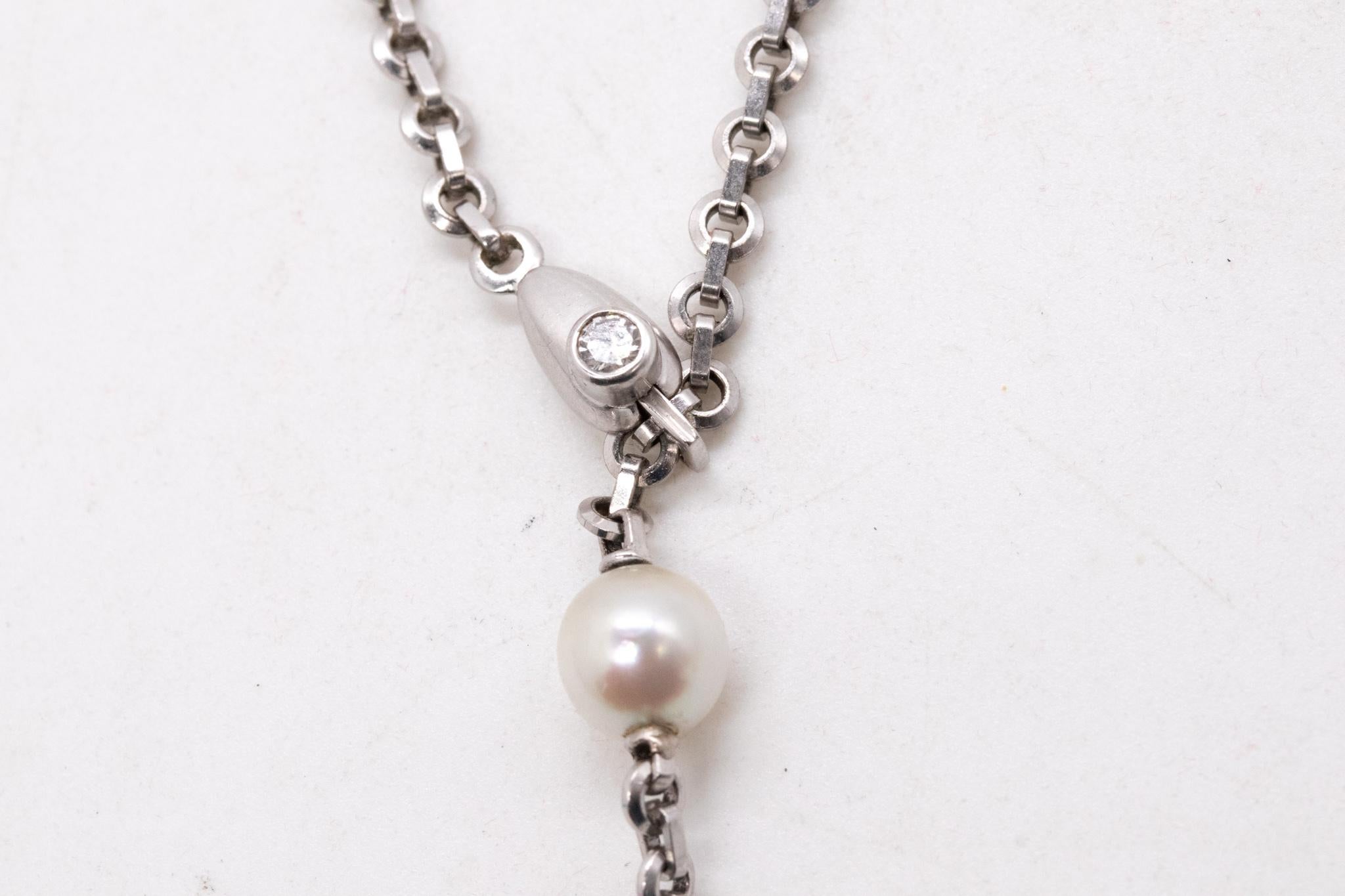 Mixed Cut Cartier Paris Modern Lariat Necklace in 18Kt White Gold 1 Diamond Three Pearls For Sale