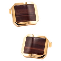 Cartier Paris Modern Santos Cufflinks in 18Kt Yellow Gold with Tiger Eye Quartz