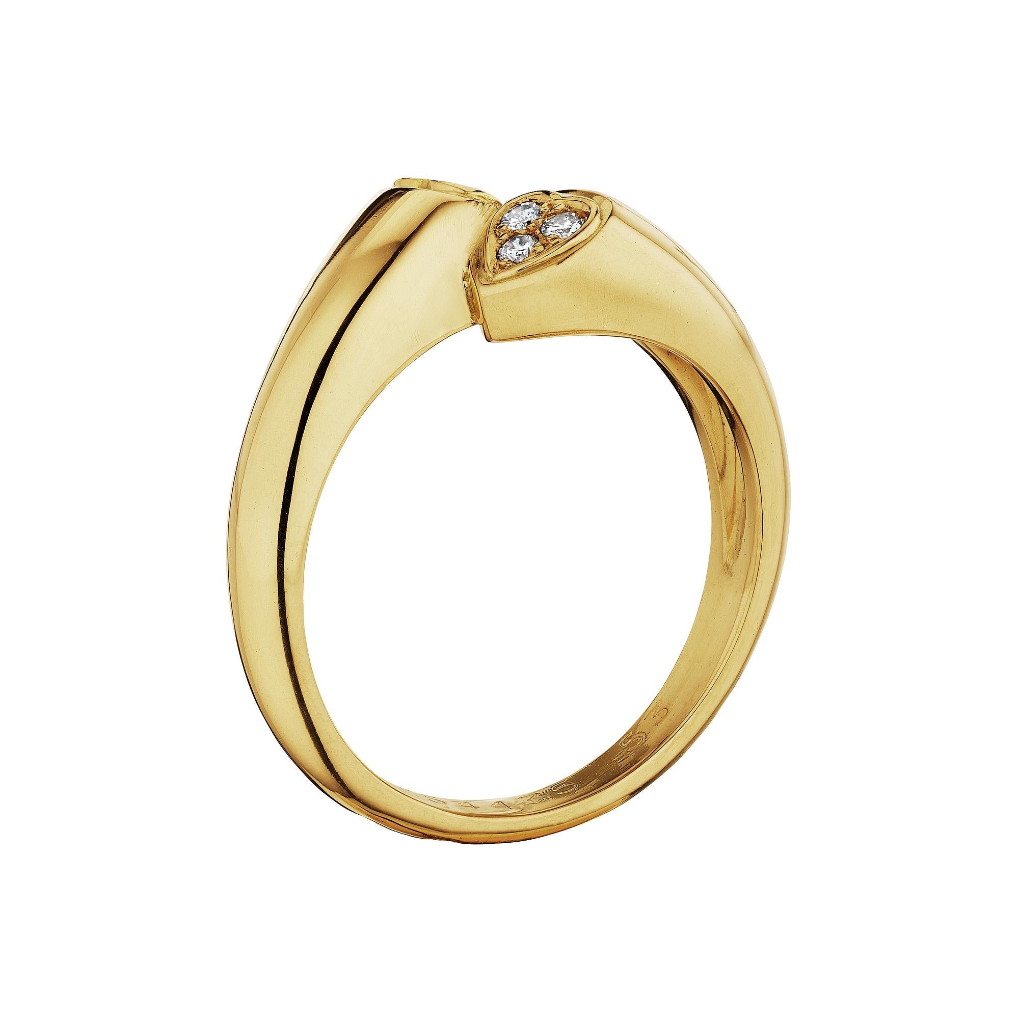 Two hearts are better than one, and this Cartier Paris modernist double heart diamond 18 karat yellow gold by-pass ring is overflowing with love.  With two diamond hearts joined in the center of the ring, this one-of-a-kind jewel is filled with