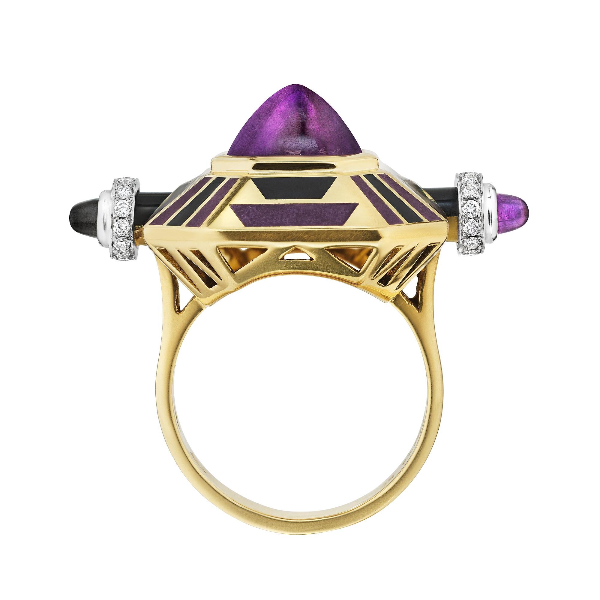 Reminiscent of the extravagant roaring twenties, this bold and beautiful Cartier Paris modernist amethyst diamond gold ring is irresistible.  With an eye-catching center set sugarloaf cabochon amethyst, mounted in a black and deep purple enameled