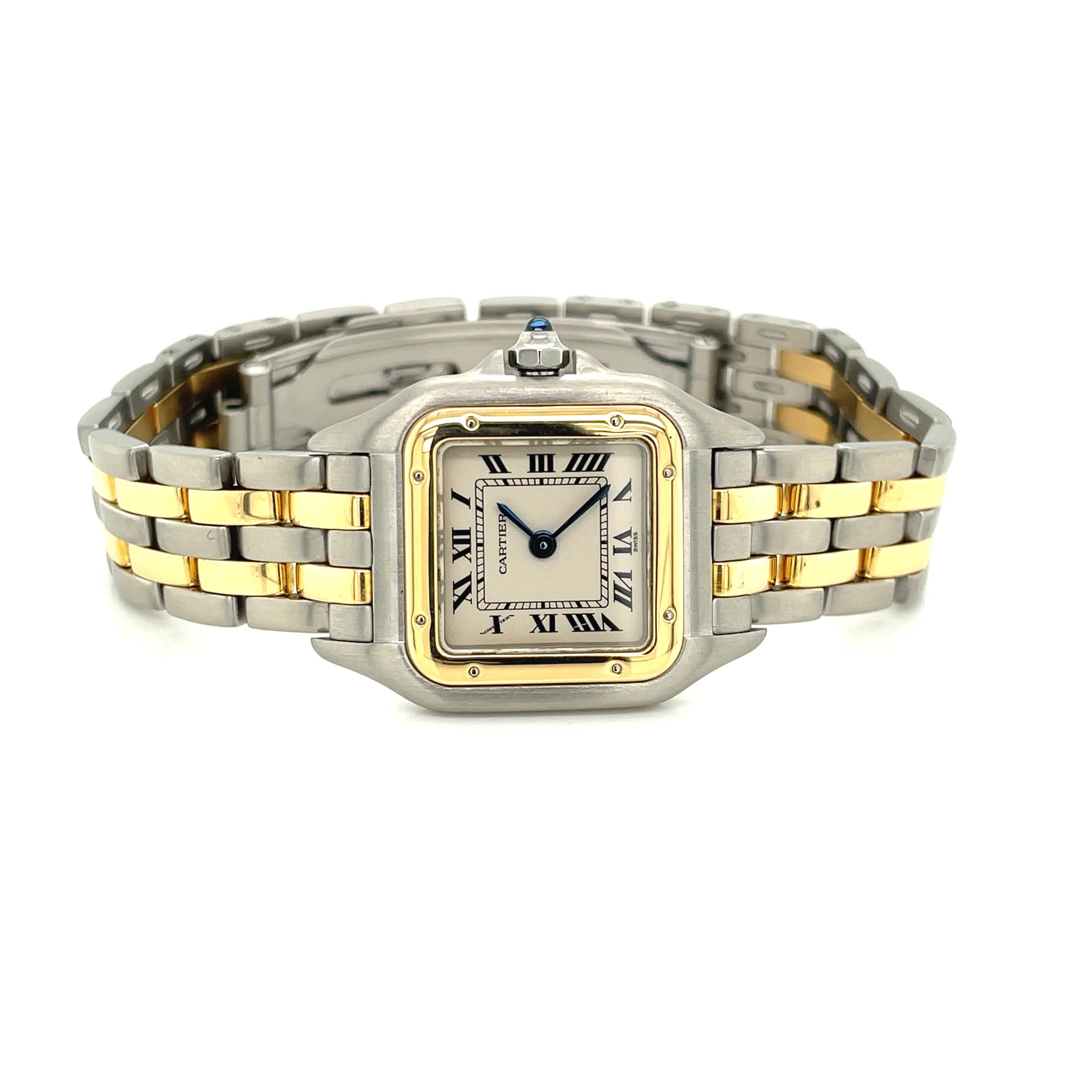 Introduced in the 80s and relevant today, this desirable Panthere de Cartier is the smaller model and is powered by a quartz movement. The 22mm x 30mm satin steel case has an 18 karat yellow gold bezel with rivet details. The thickness is a modest